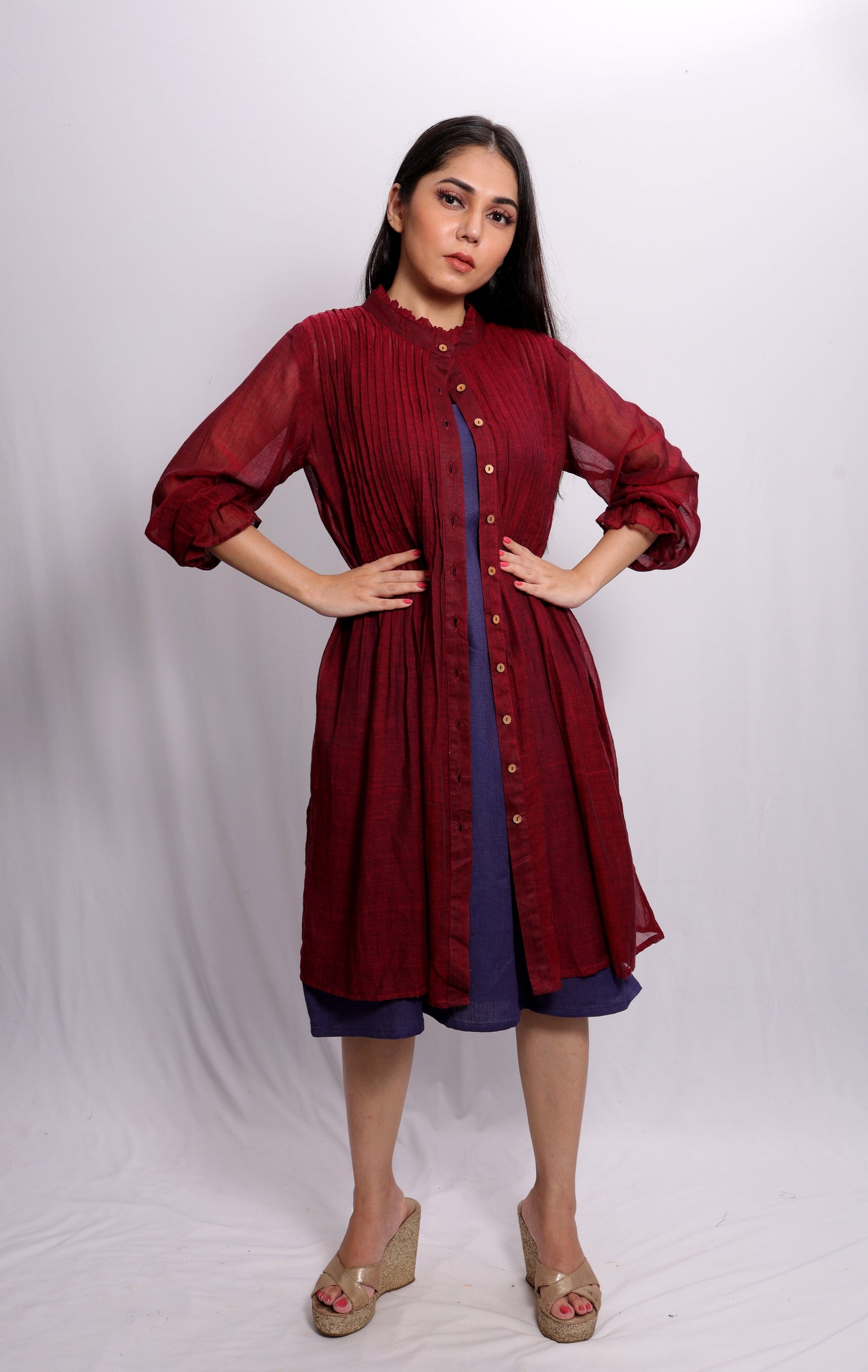 Ruffle Shirt Dress With Blue Inner.