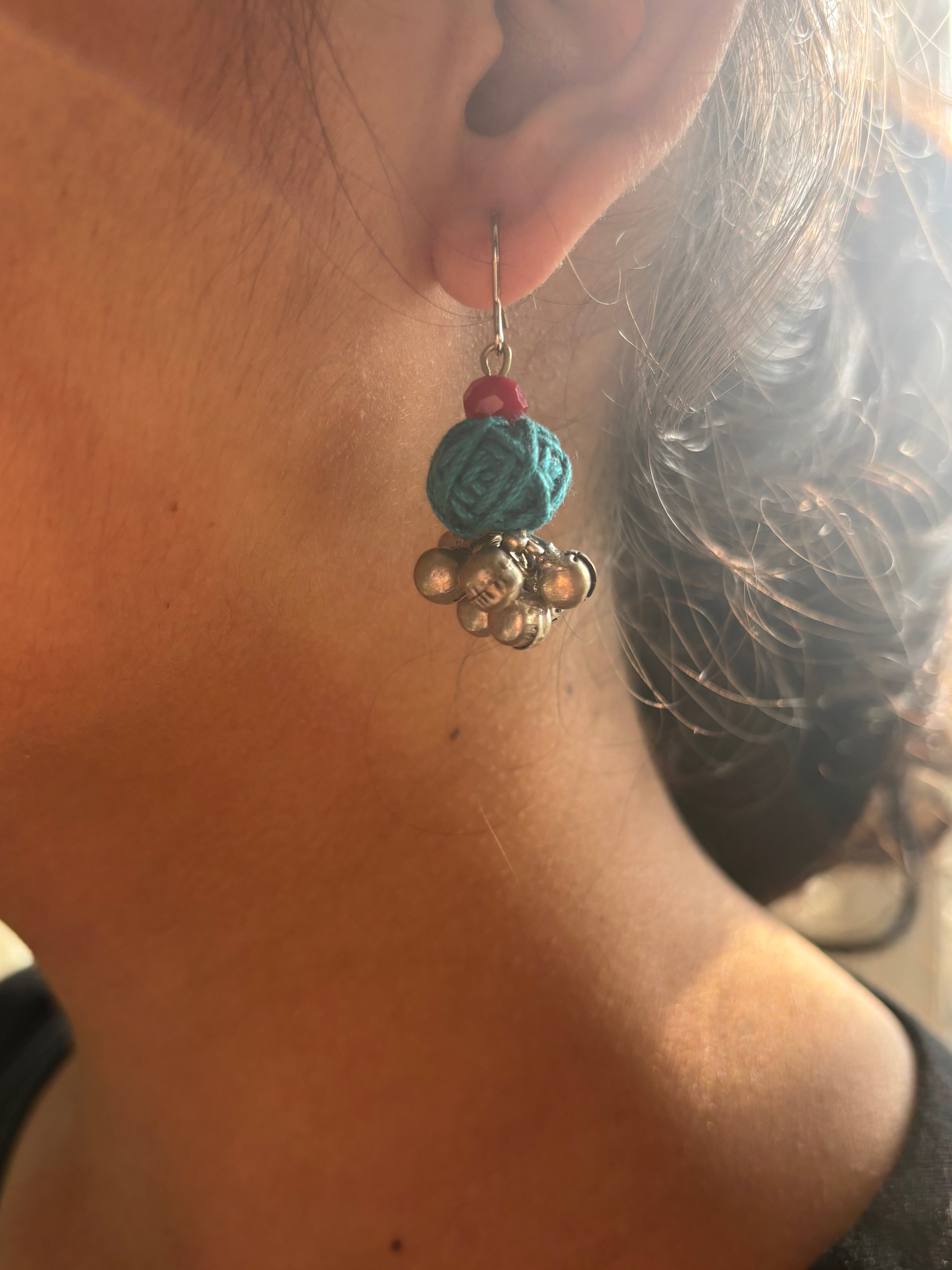 Handcrafted Brass German Silver  Earrings- Blue