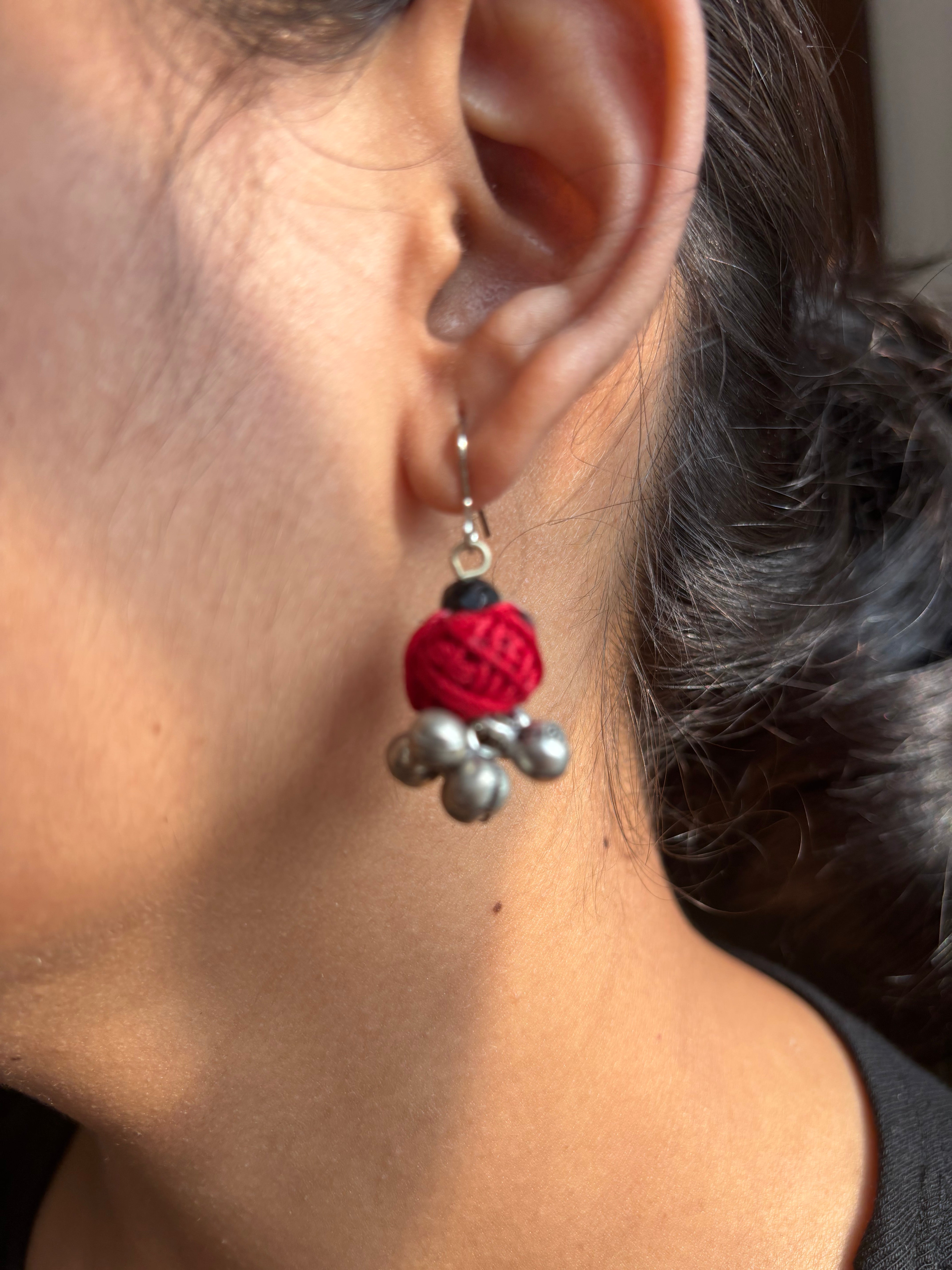Red Handcrafted Brass German Silver Earrings- Red