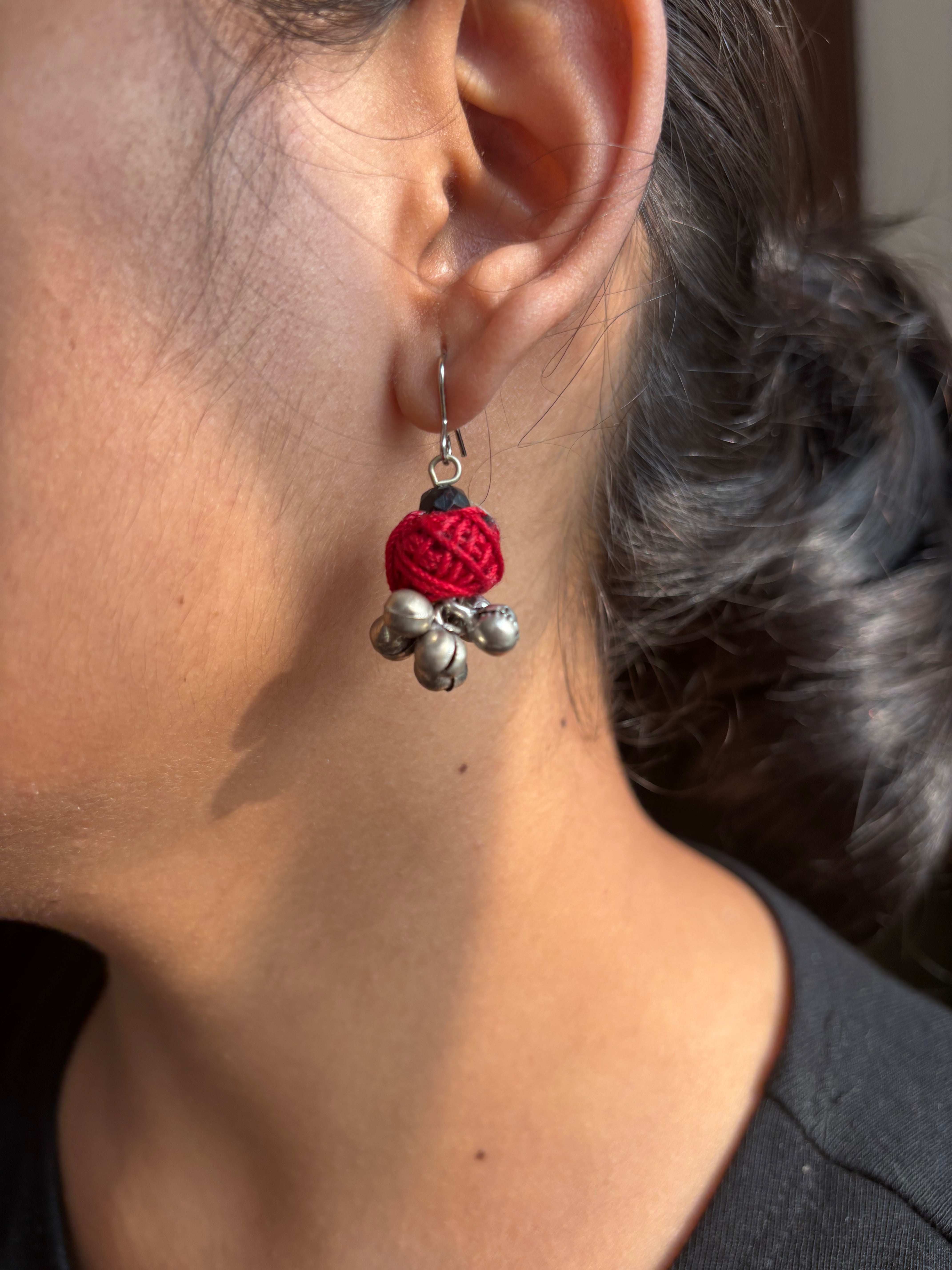 Red Handcrafted Brass German Silver Earrings- Red