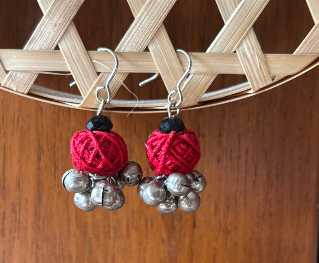 Red Handcrafted Brass German Silver Earrings- Red