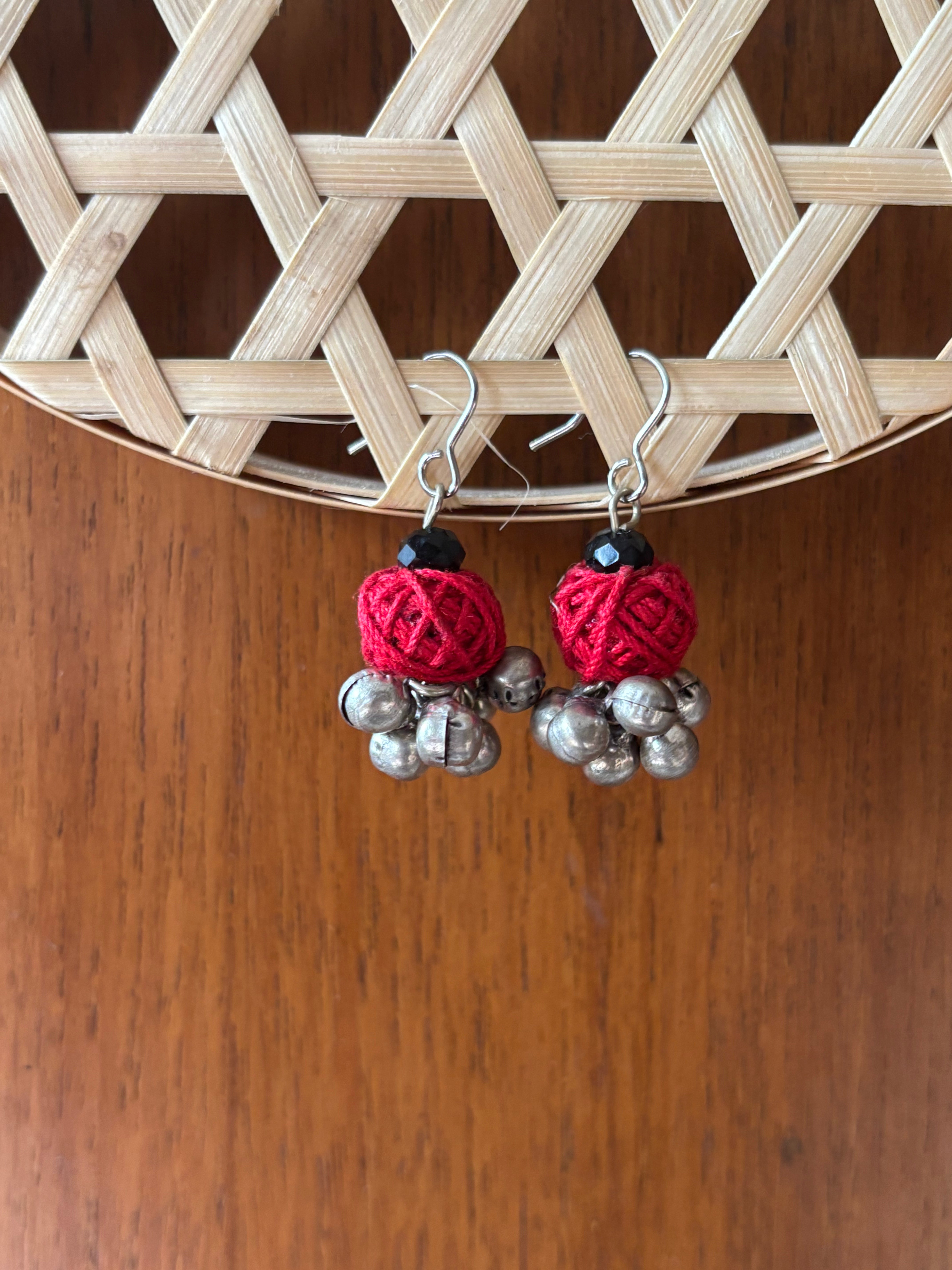 Red Handcrafted Brass German Silver Earrings- Red