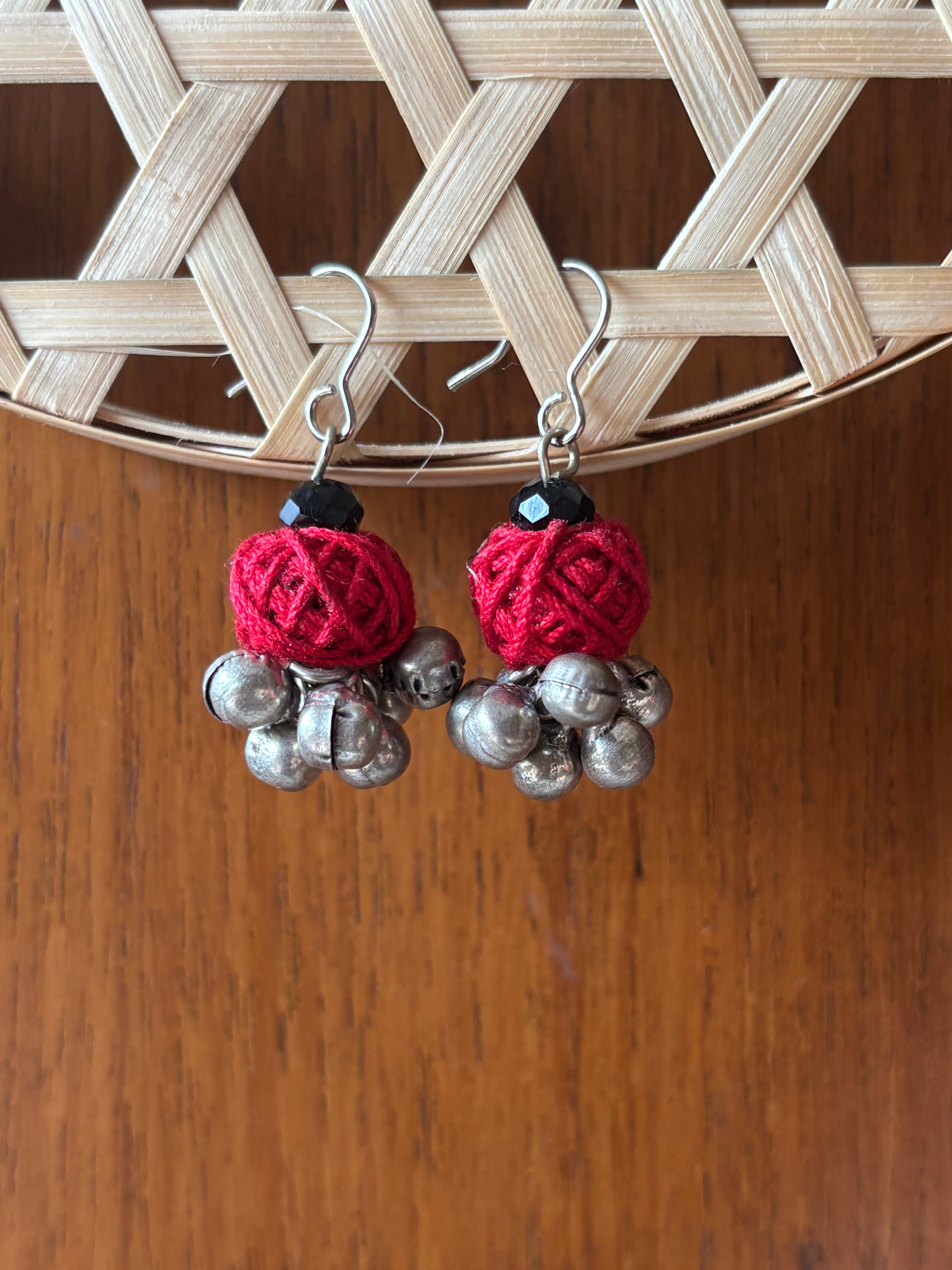 Red Handcrafted Brass German Silver Earrings- Red