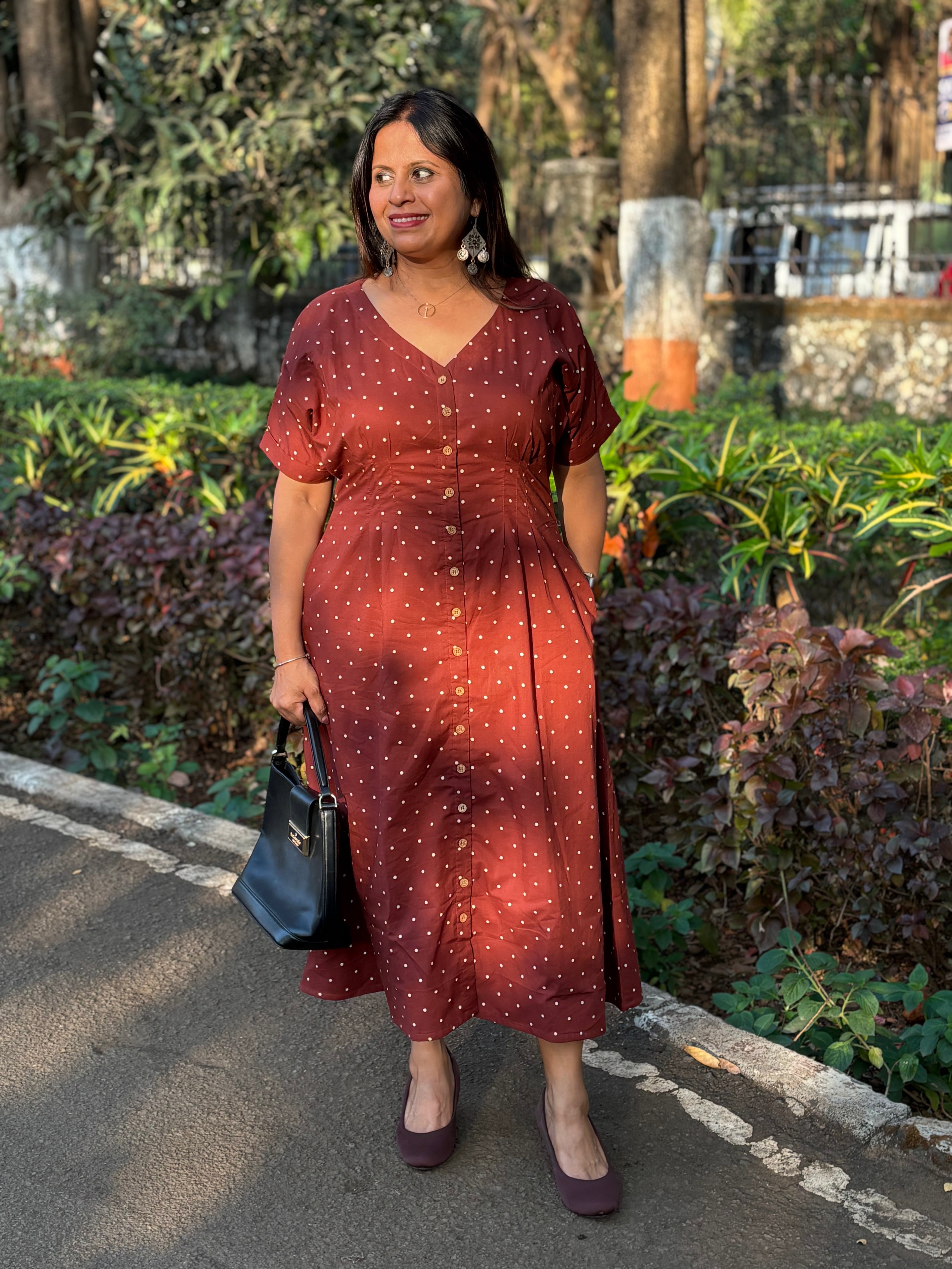 Maroon Jaipur Dot Cotton Midi Dress