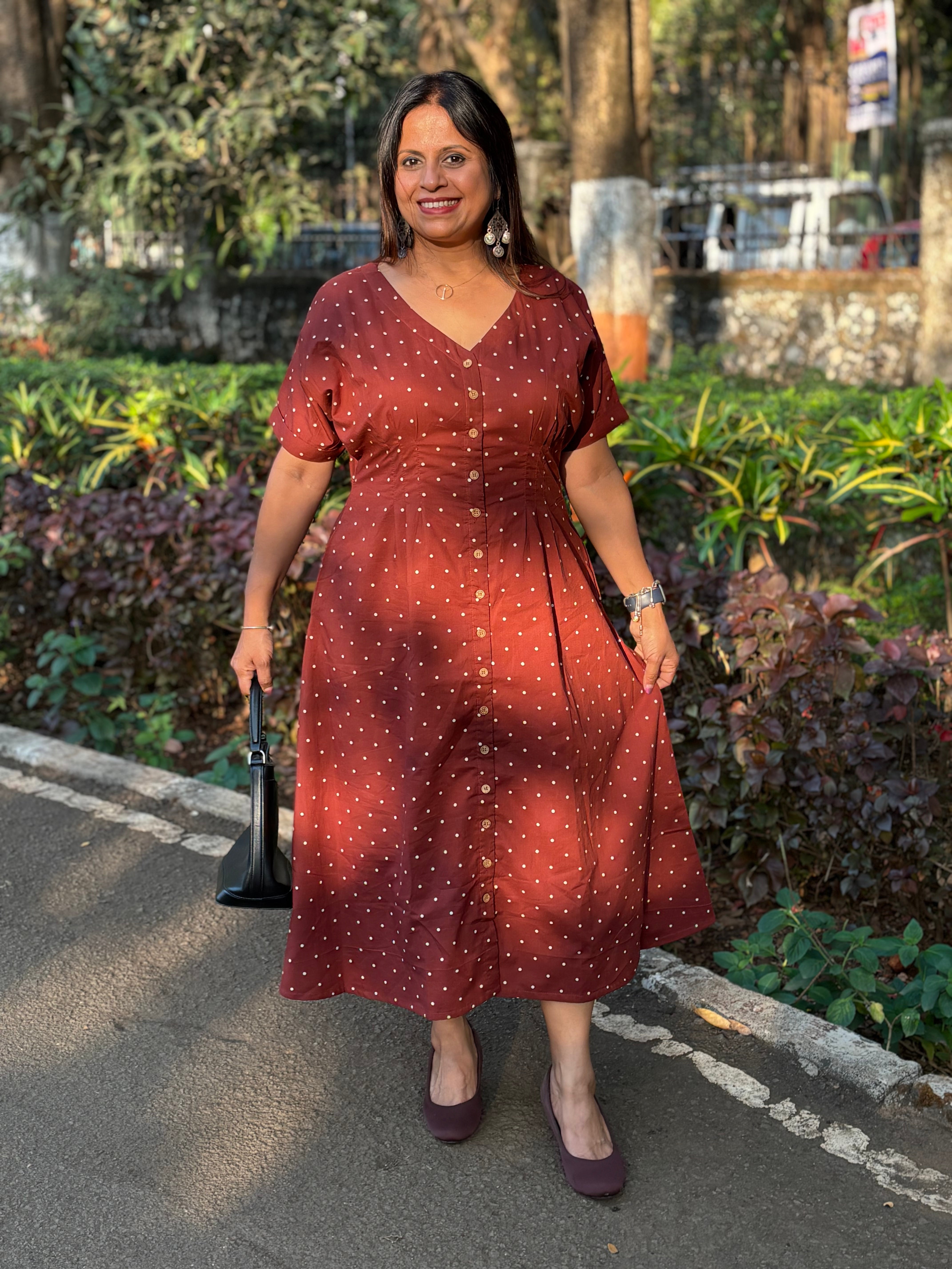 Maroon Jaipur Dot Cotton Midi Dress