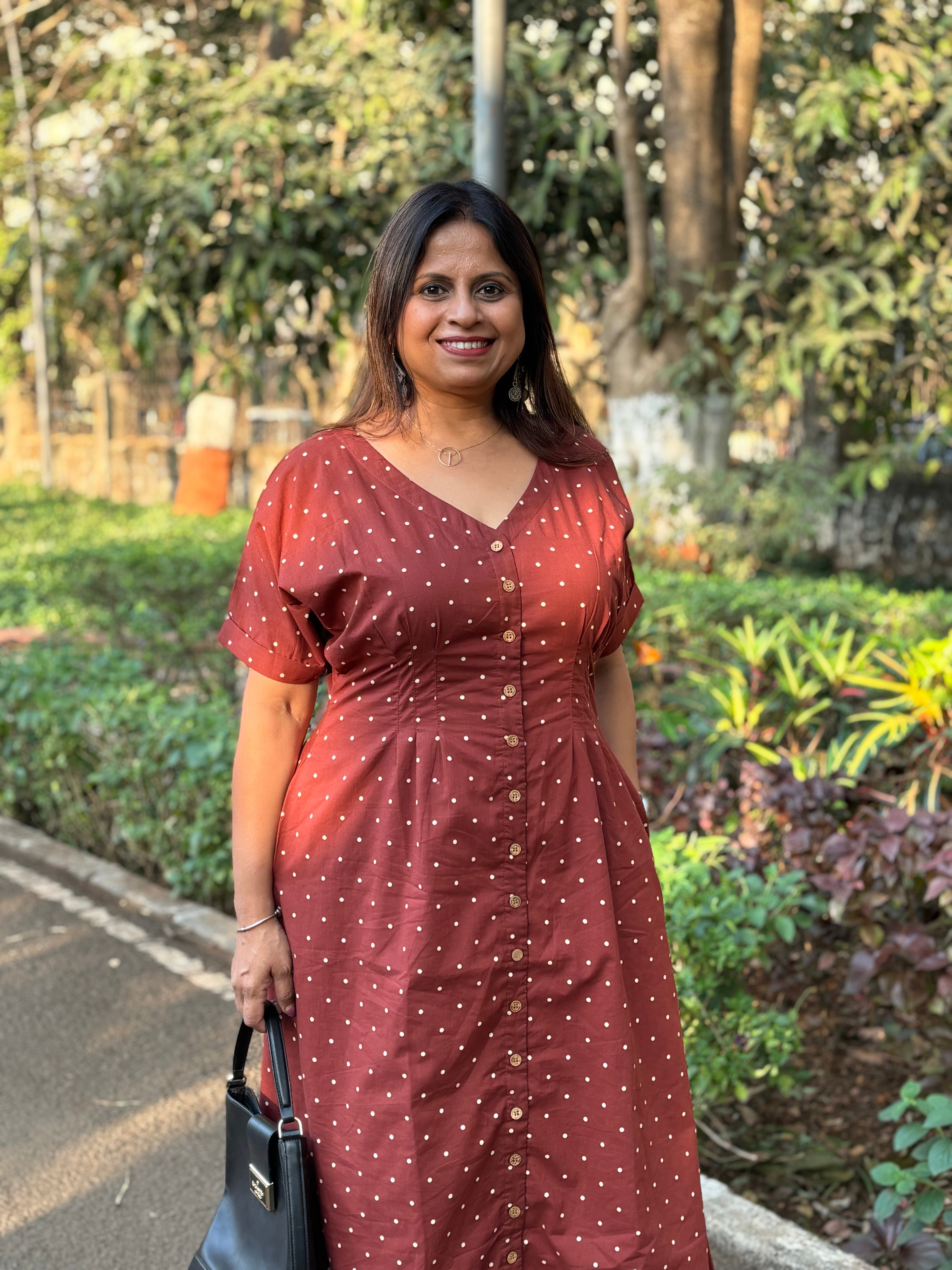 Maroon Jaipur Dot Cotton Midi Dress