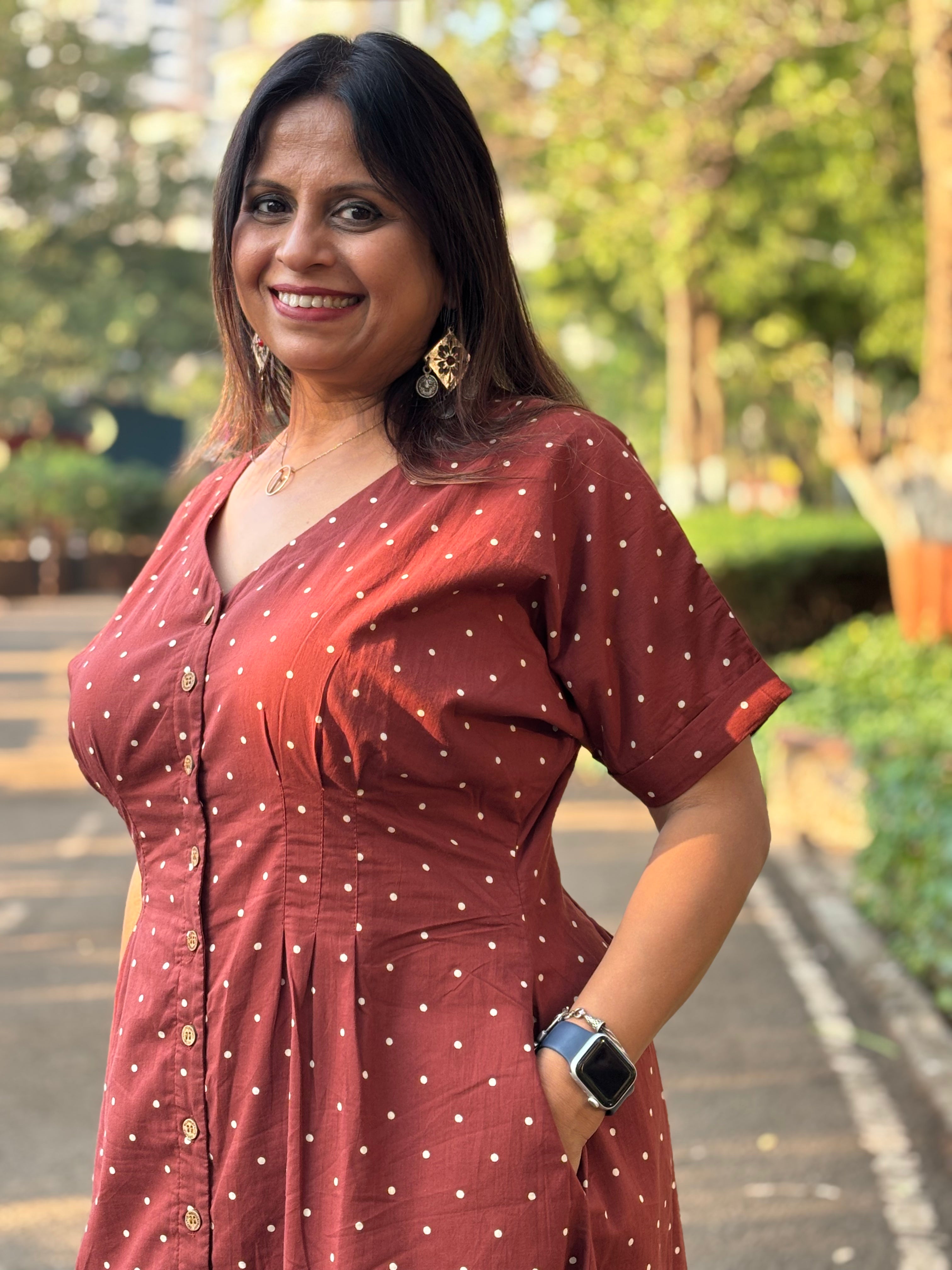 Maroon Jaipur Dot Cotton Midi Dress