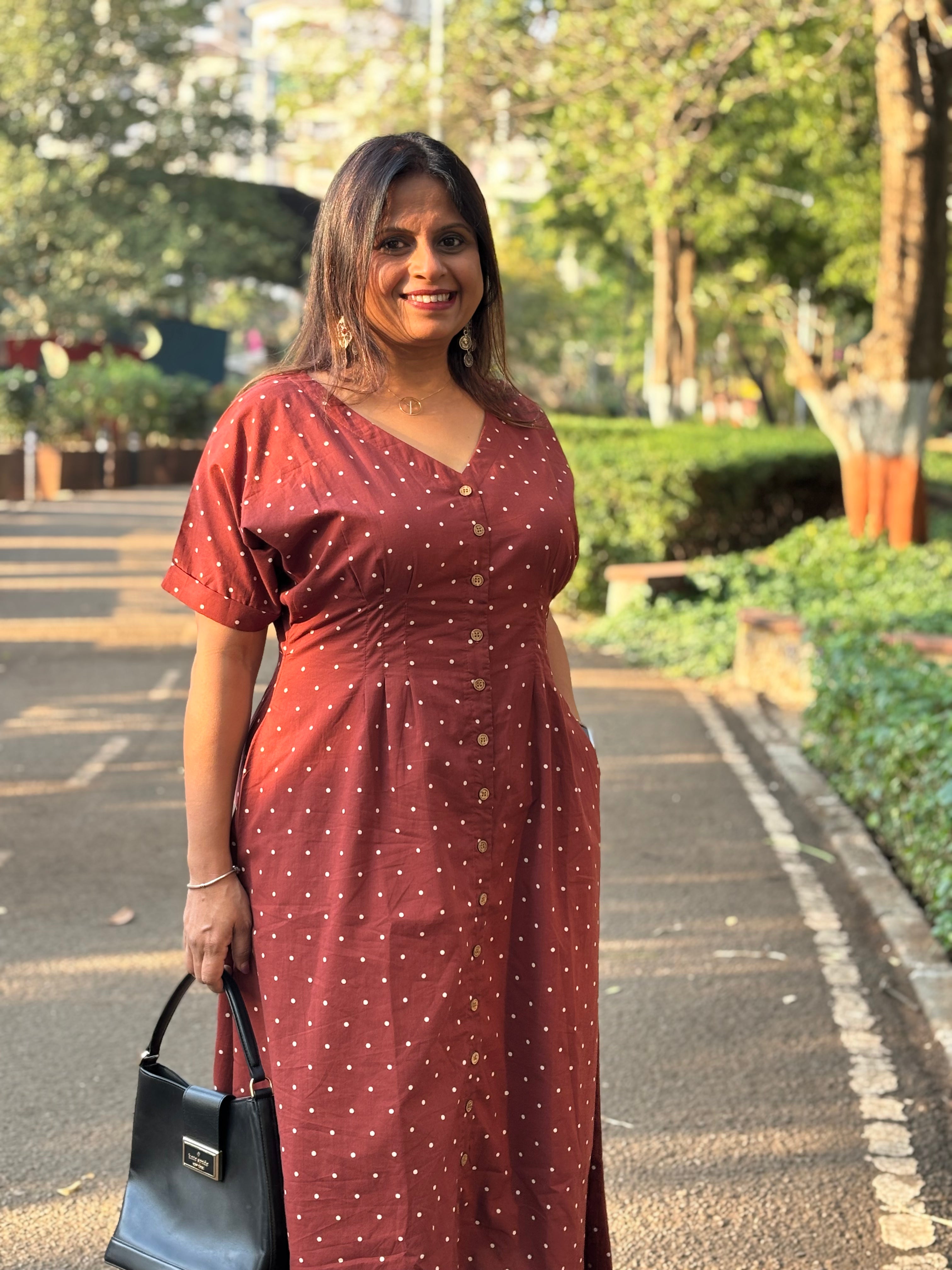 Maroon Jaipur Dot Cotton Midi Dress
