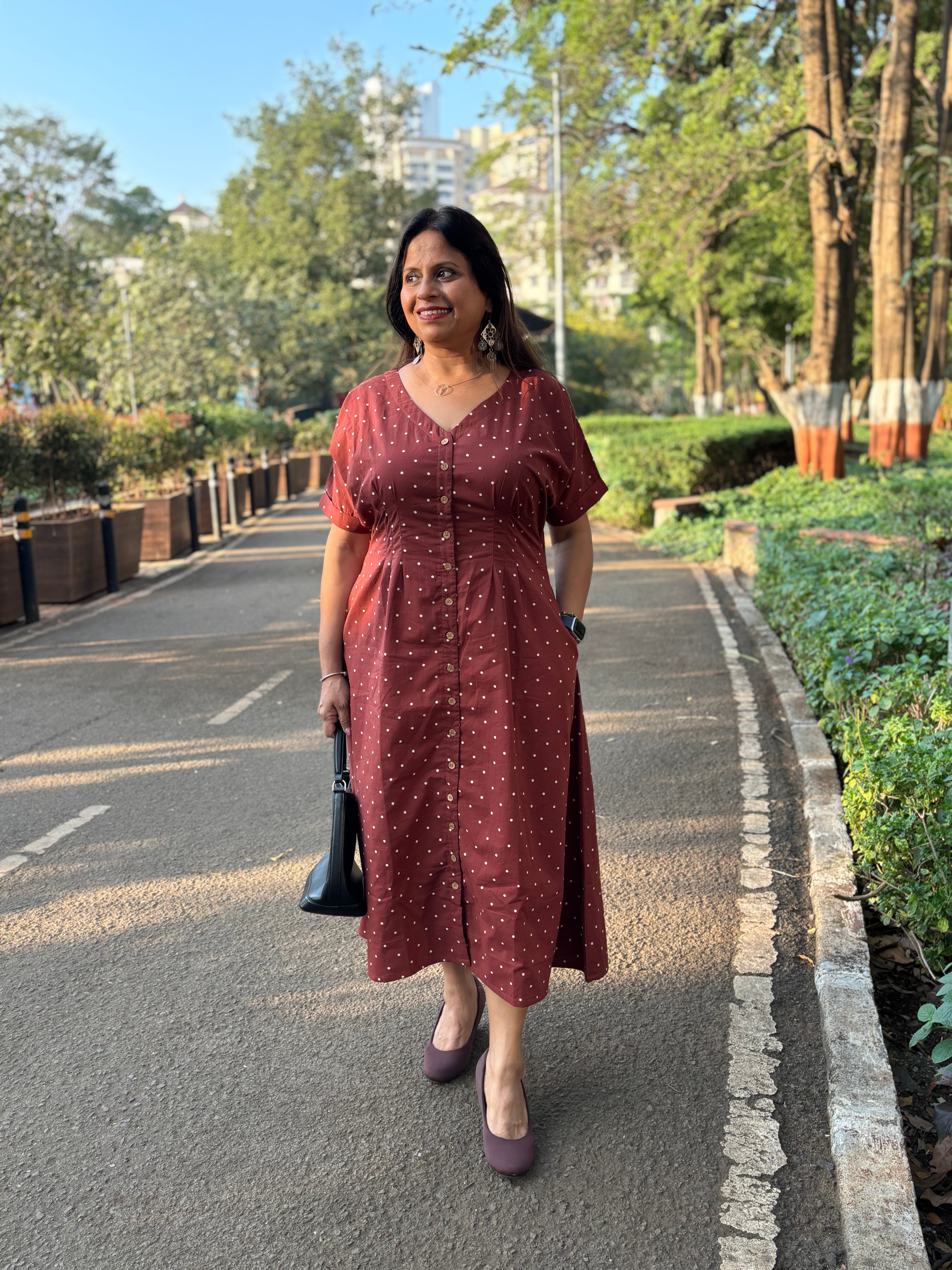 Maroon Jaipur Dot Cotton Midi Dress