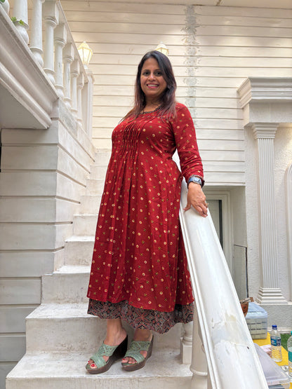 Ajrakh mulmul pintex dress- Rust red