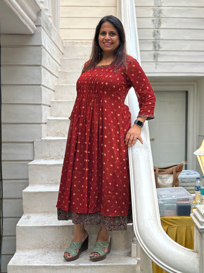 Ajrakh mulmul pintex dress- Rust red