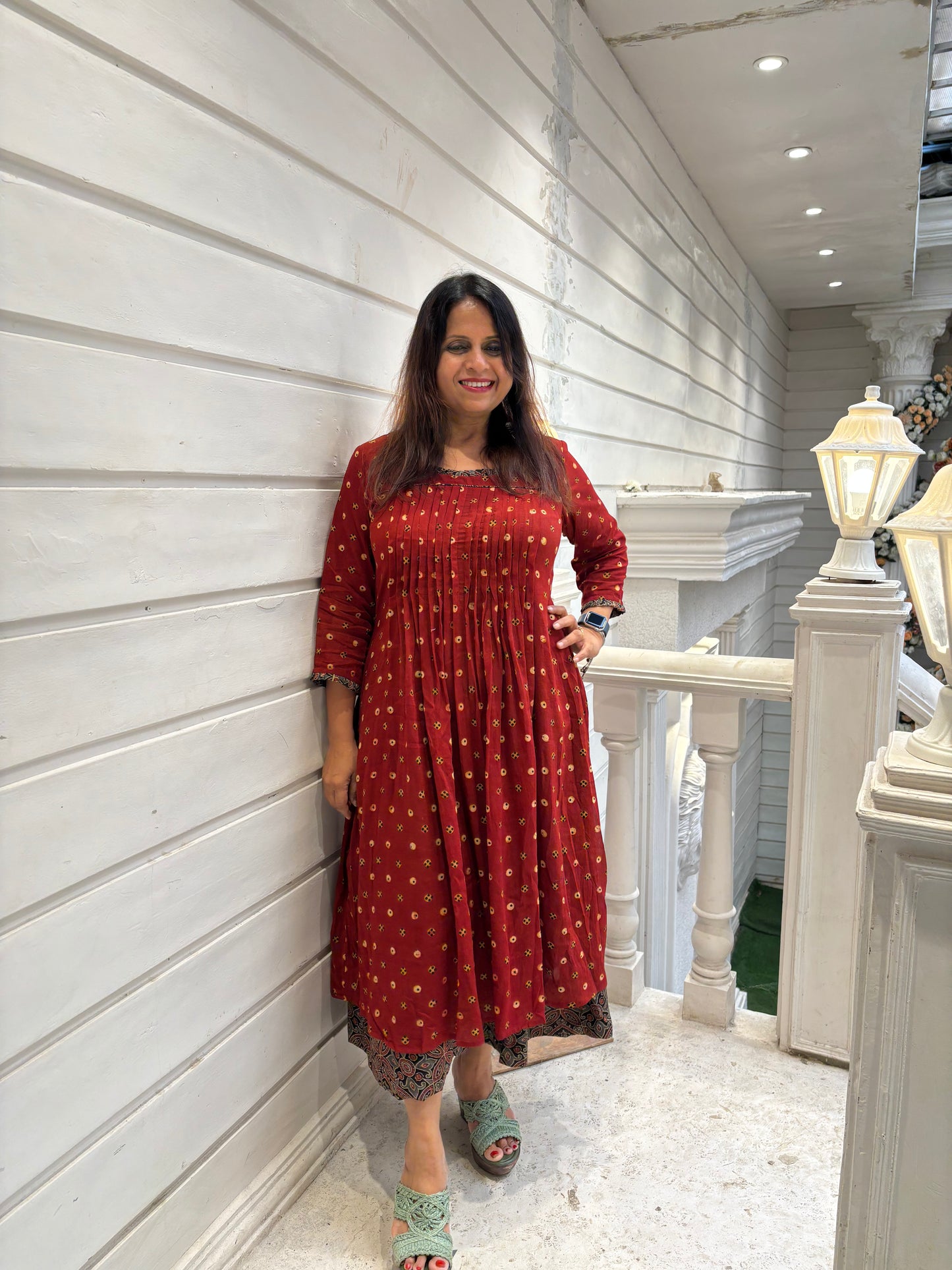 Ajrakh mulmul pintex dress- Rust red