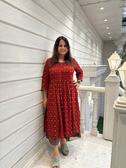 Ajrakh mulmul pintex dress- Rust red