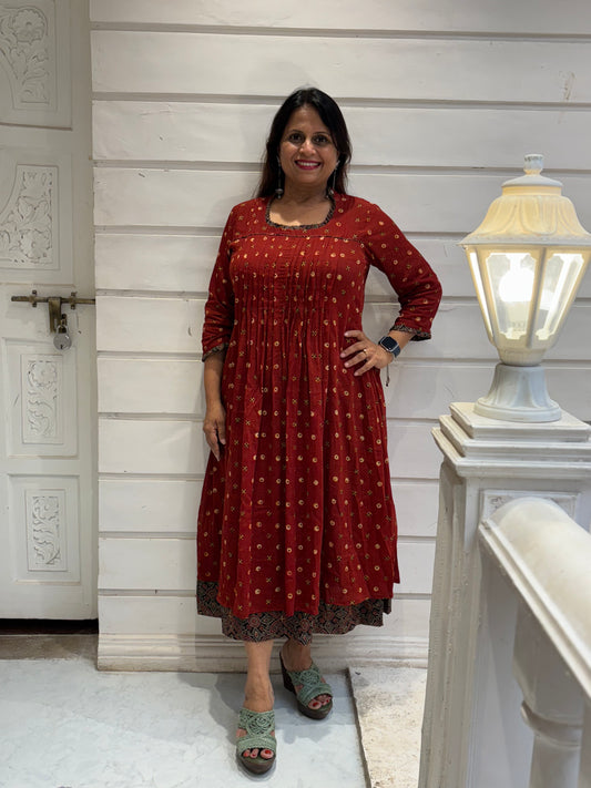 Ajrakh mulmul pintex dress- Rust red