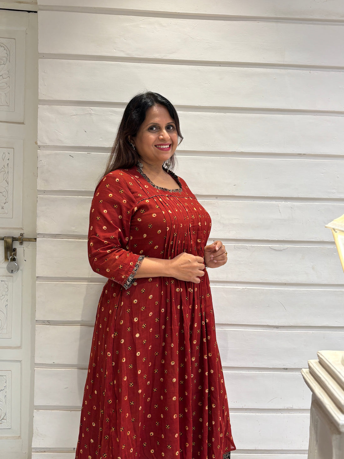 Ajrakh mulmul pintex dress- Rust red