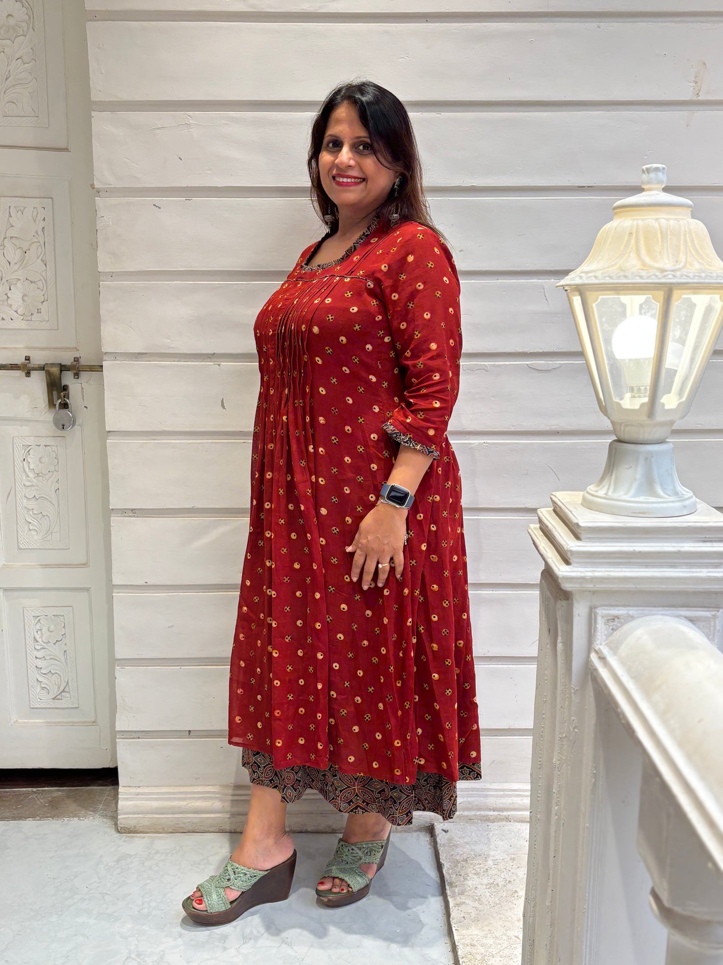 Ajrakh mulmul pintex dress- Rust red