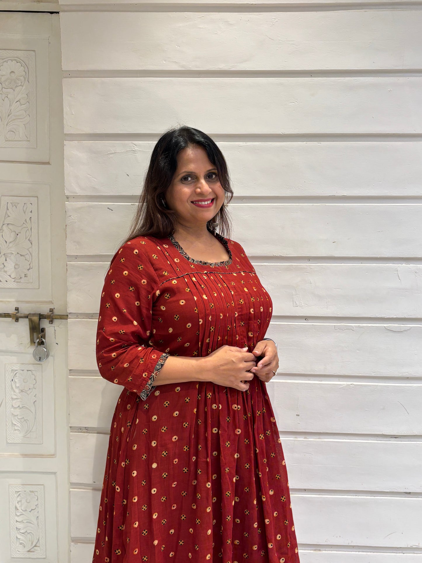 Ajrakh mulmul pintex dress- Rust red