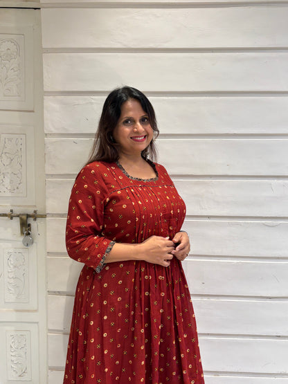 Ajrakh mulmul pintex dress- Rust red