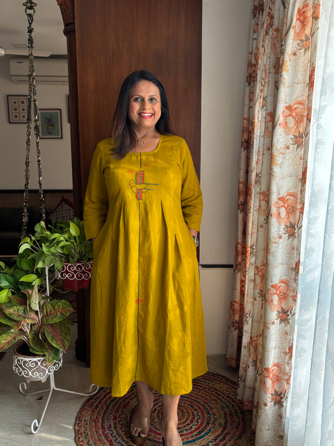 Mustard Hand-Embroidered Linen Cotton A-Line Dress