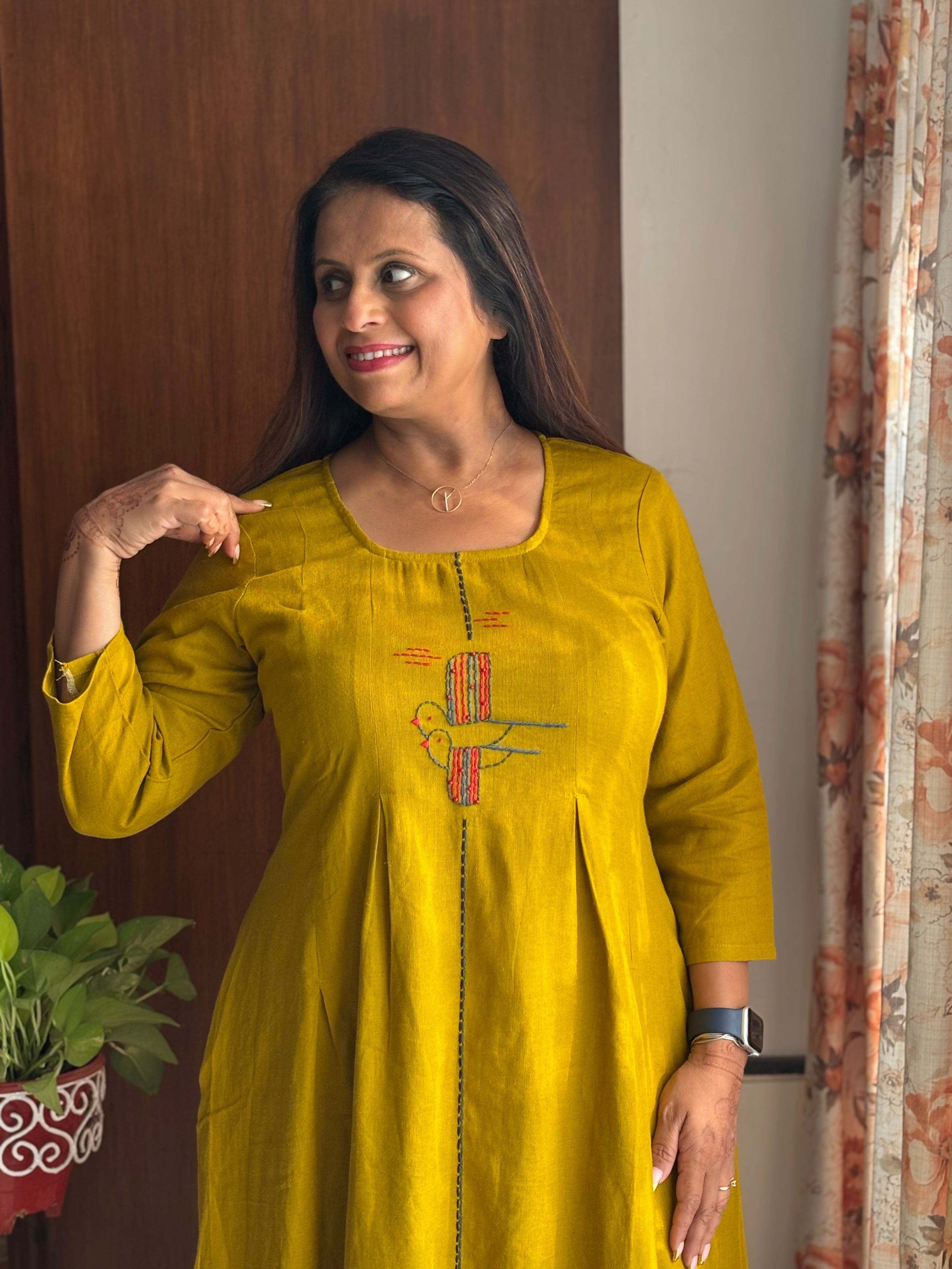 Mustard Hand-Embroidered Linen Cotton A-Line Dress