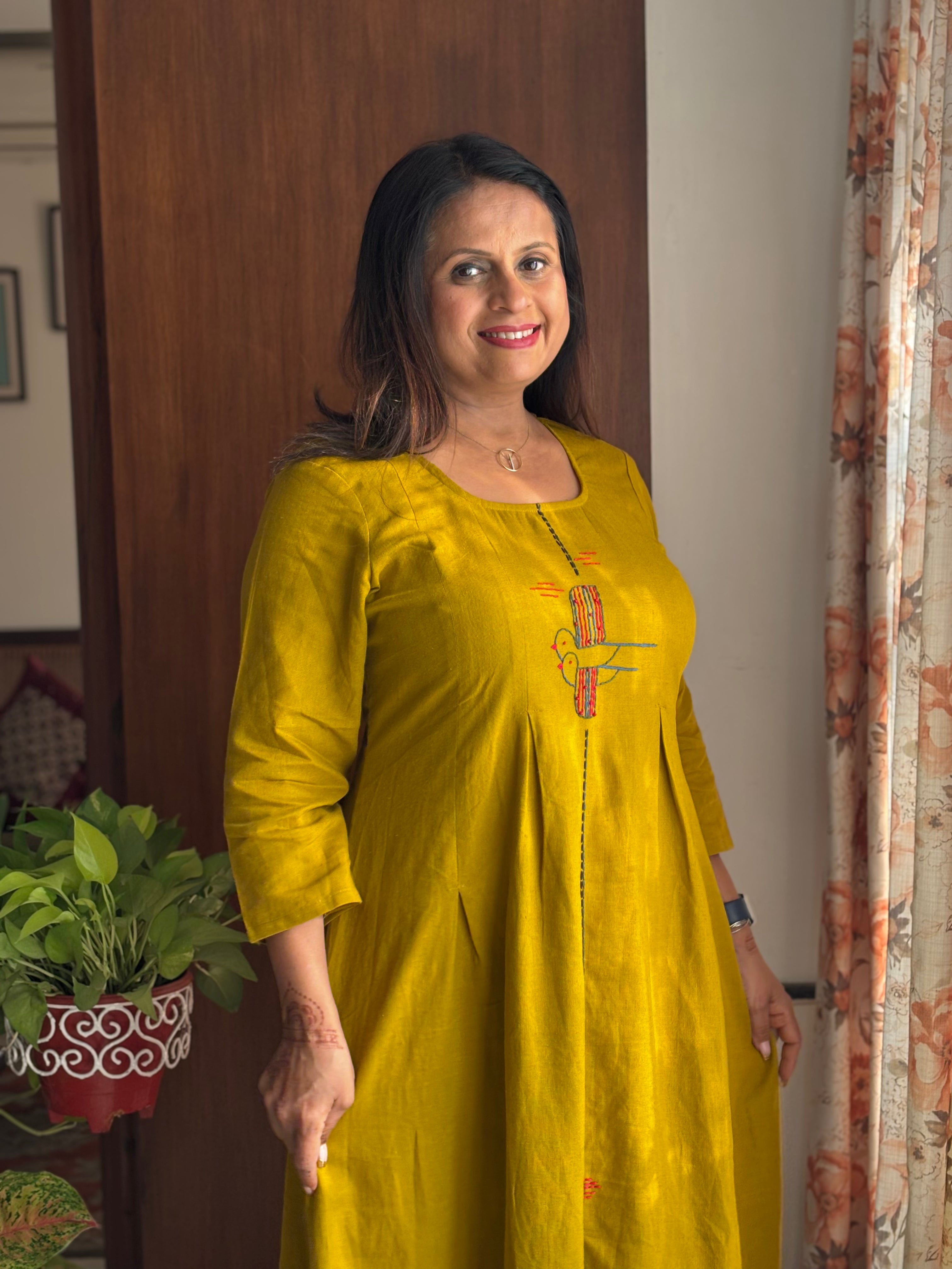 Mustard Hand-Embroidered Linen Cotton A-Line Dress