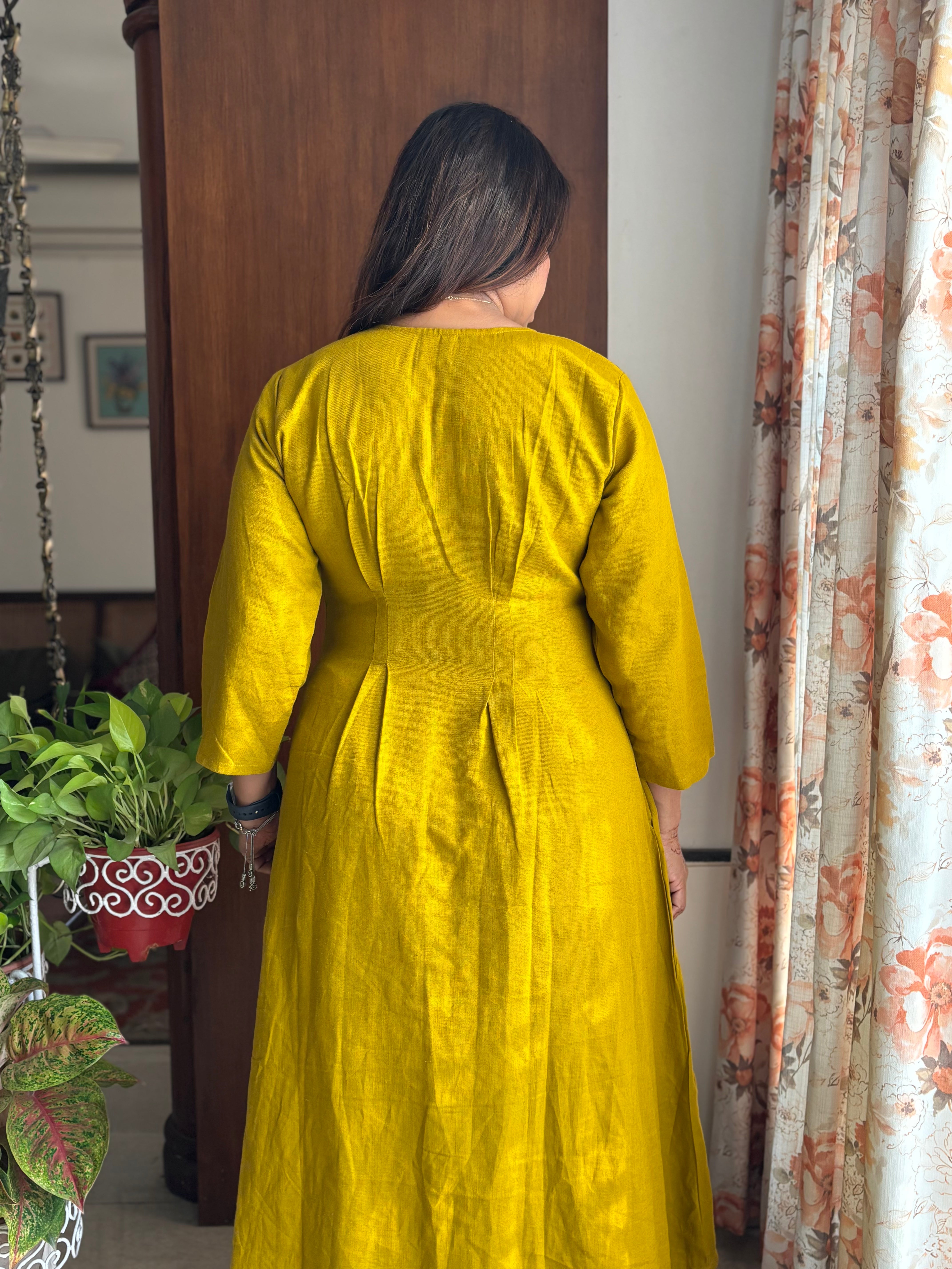 Mustard Hand-Embroidered Linen Cotton A-Line Dress