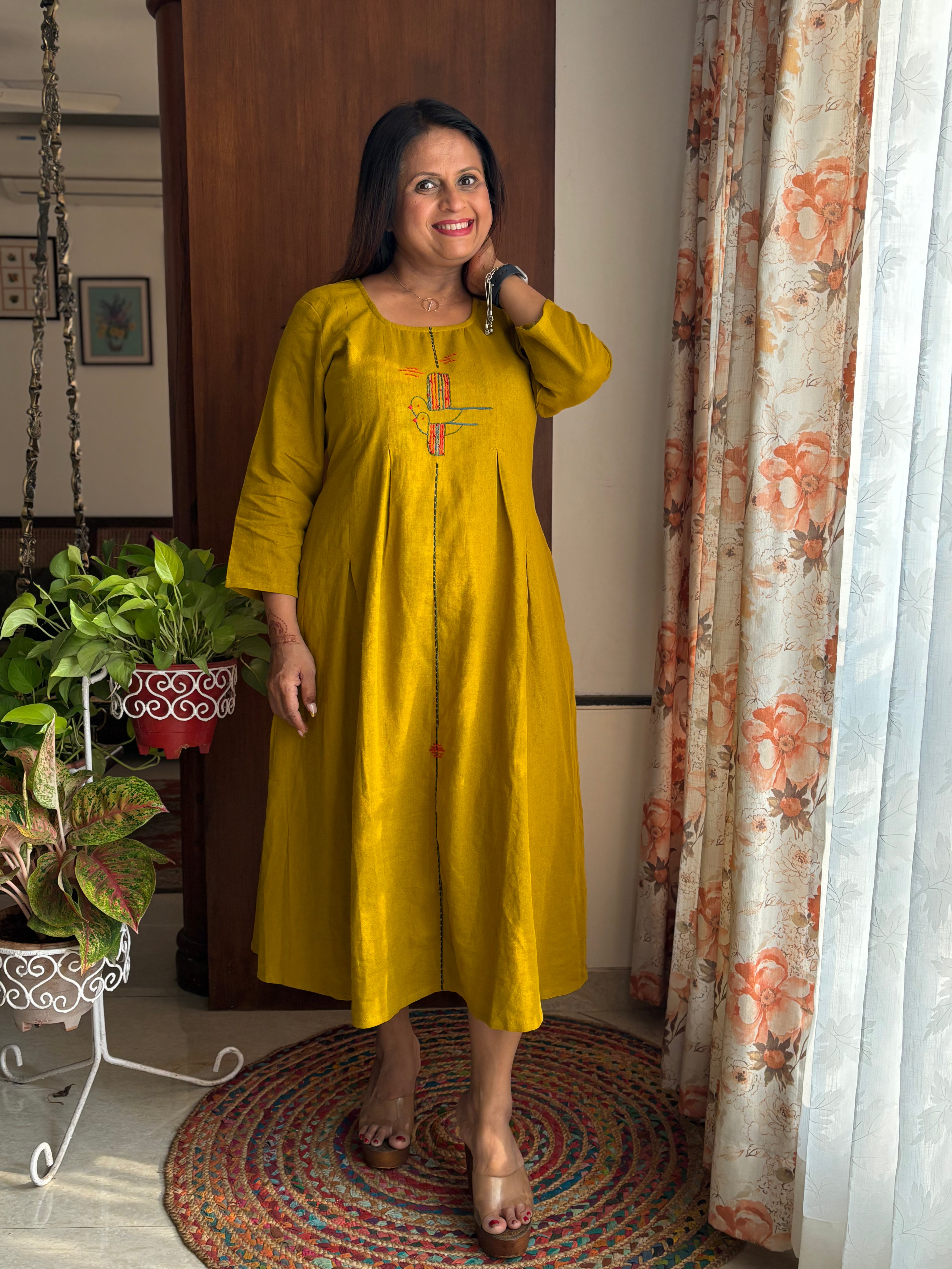 Mustard Hand-Embroidered Linen Cotton A-Line Dress