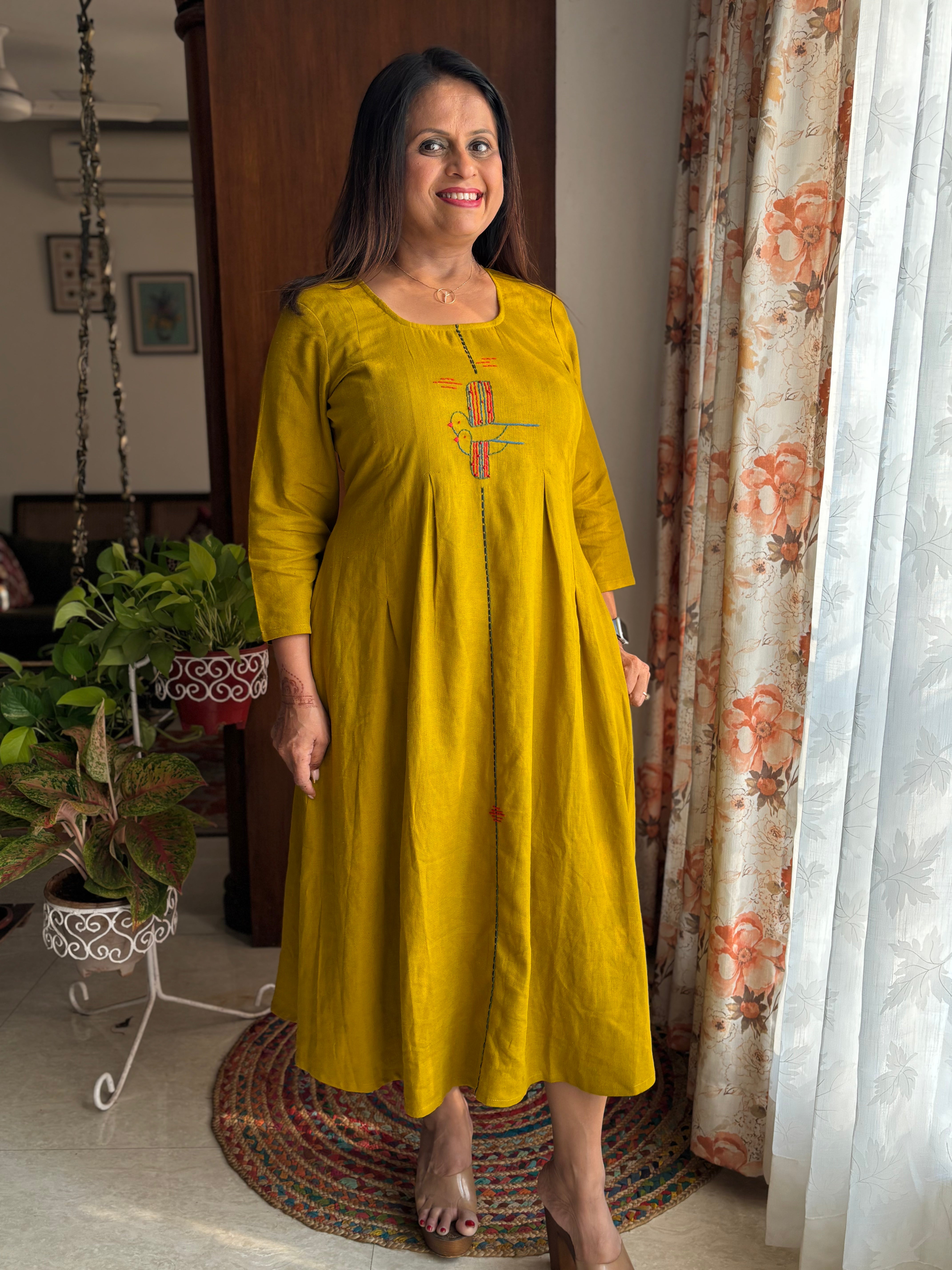 Mustard Hand-Embroidered Linen Cotton A-Line Dress