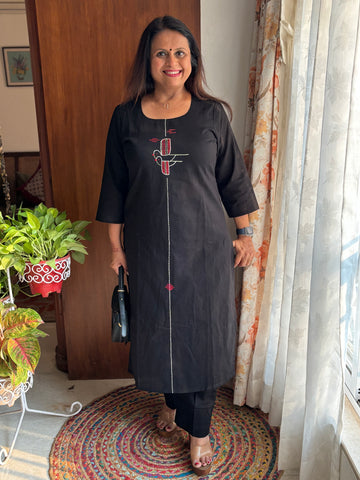 Black Hand-Embroidered Linen Cotton Kurta Pant Set