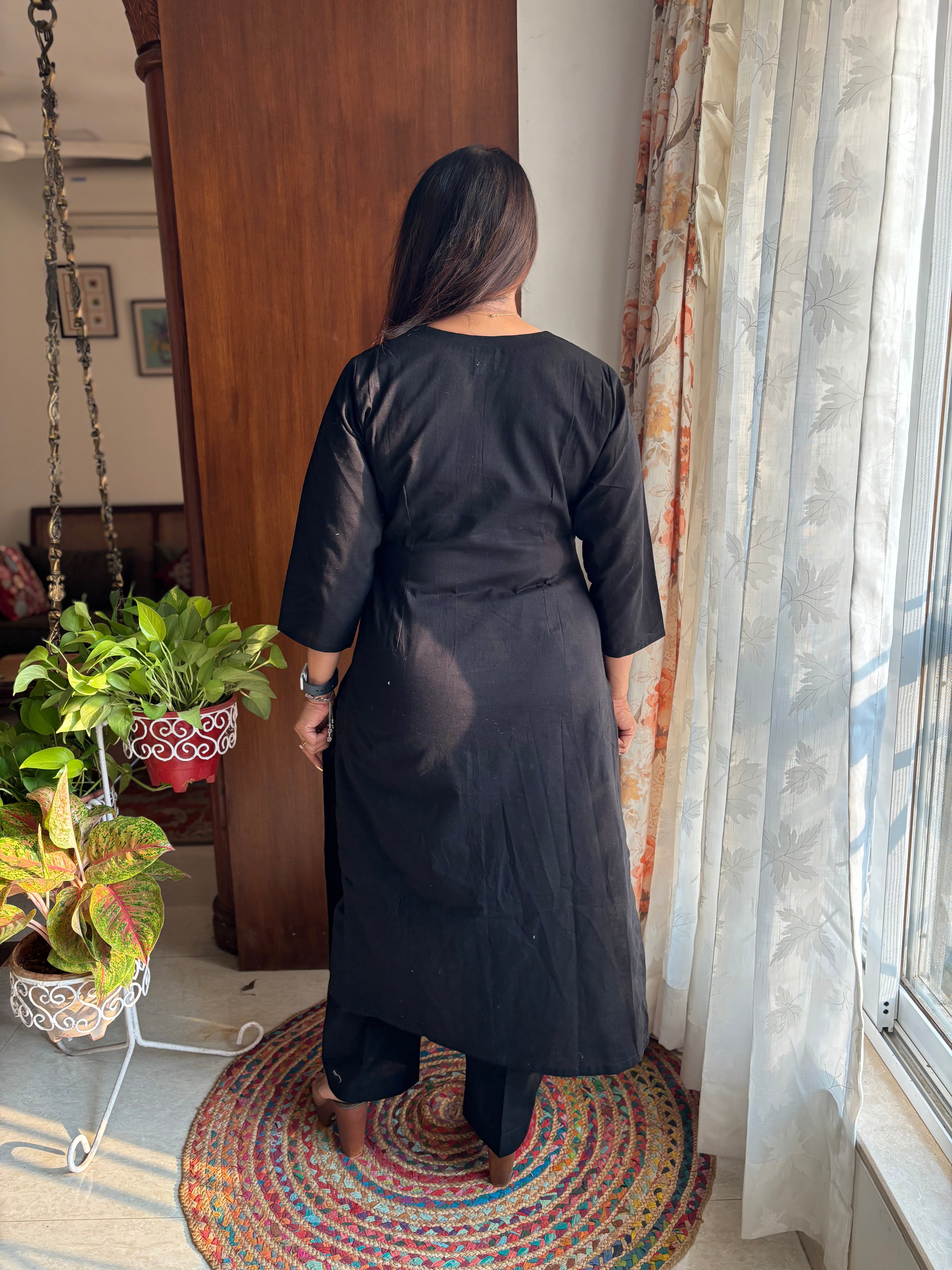 Black Hand-Embroidered Linen Cotton Kurta Pant Set