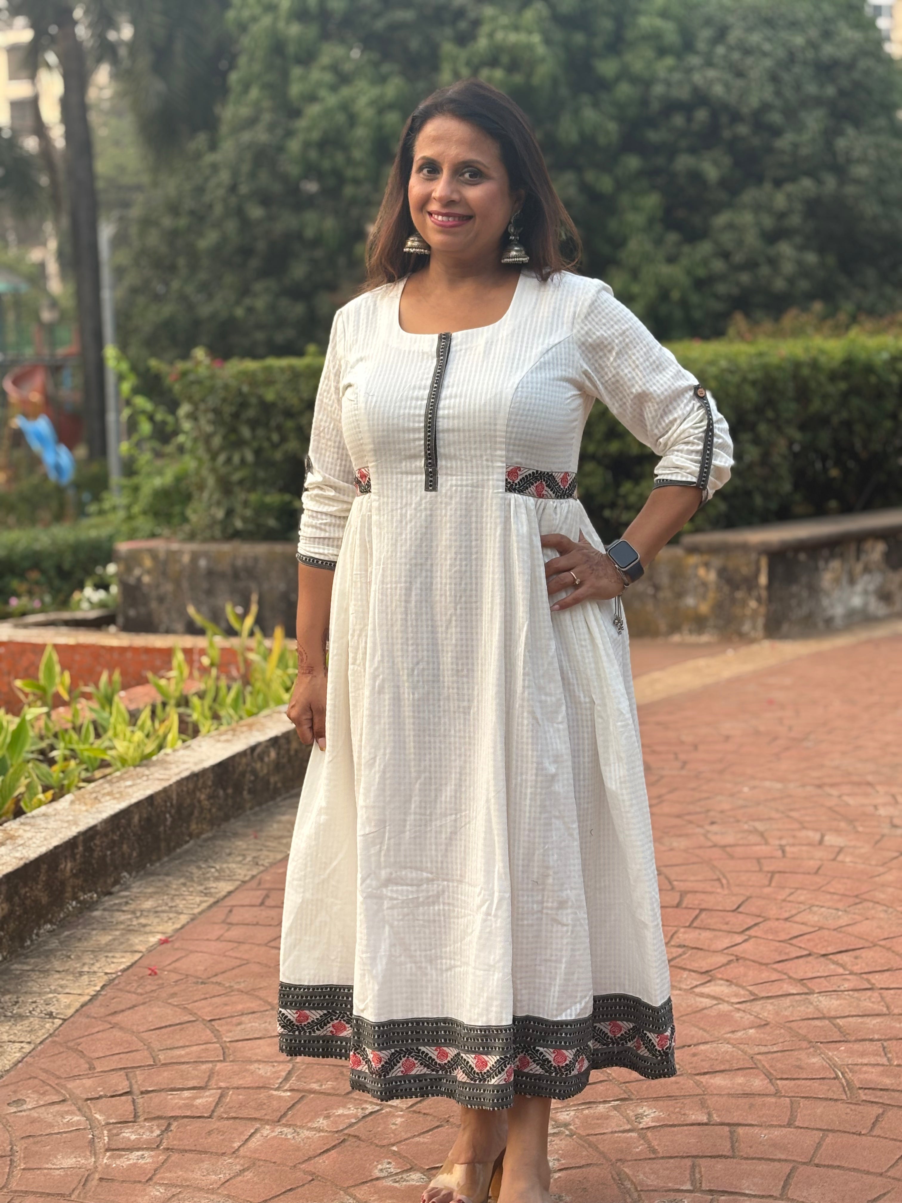 White Handloom Check Cotton Anarkali Dress