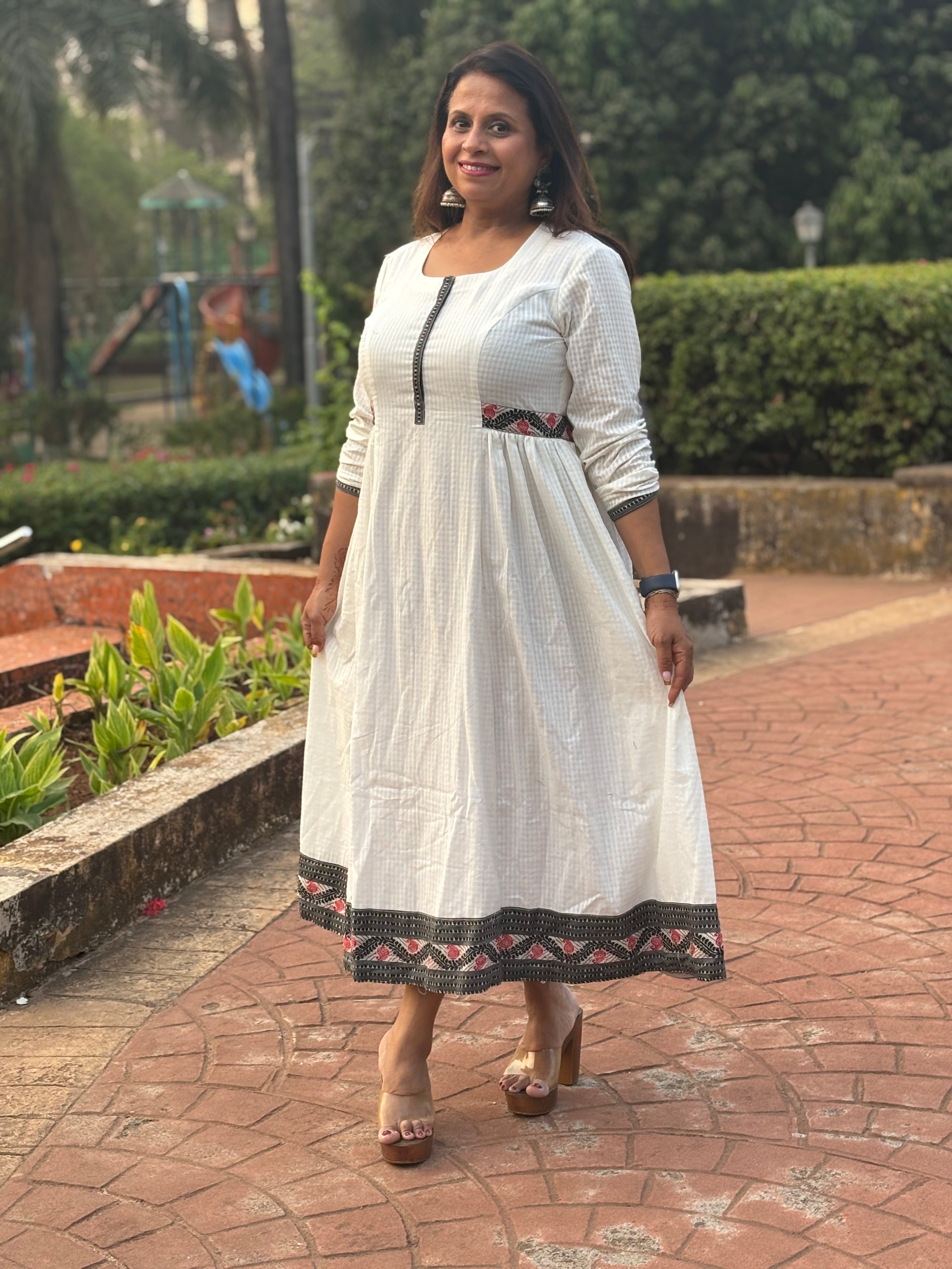 White Handloom Check Cotton Anarkali Dress