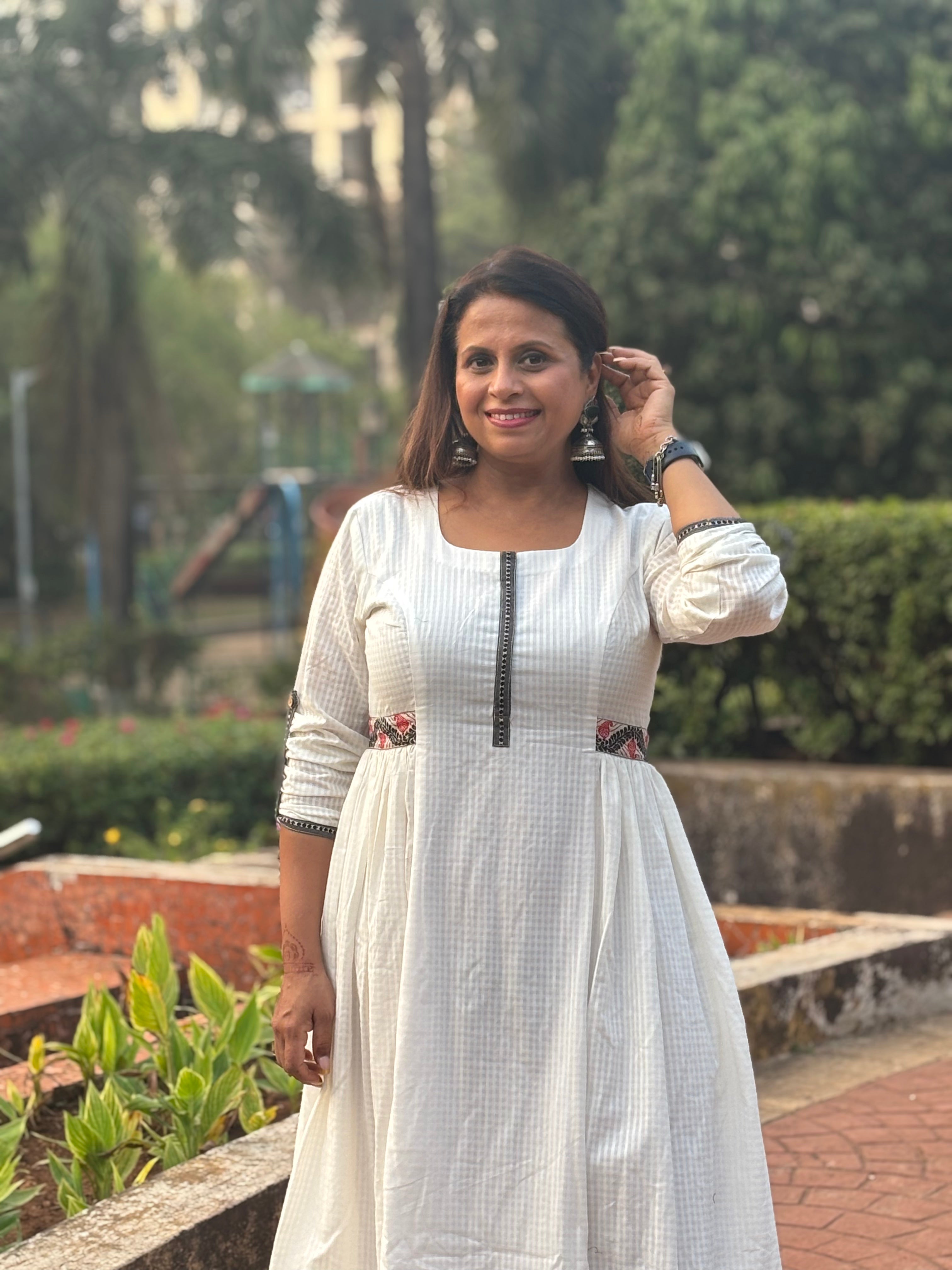 White Handloom Check Cotton Anarkali Dress