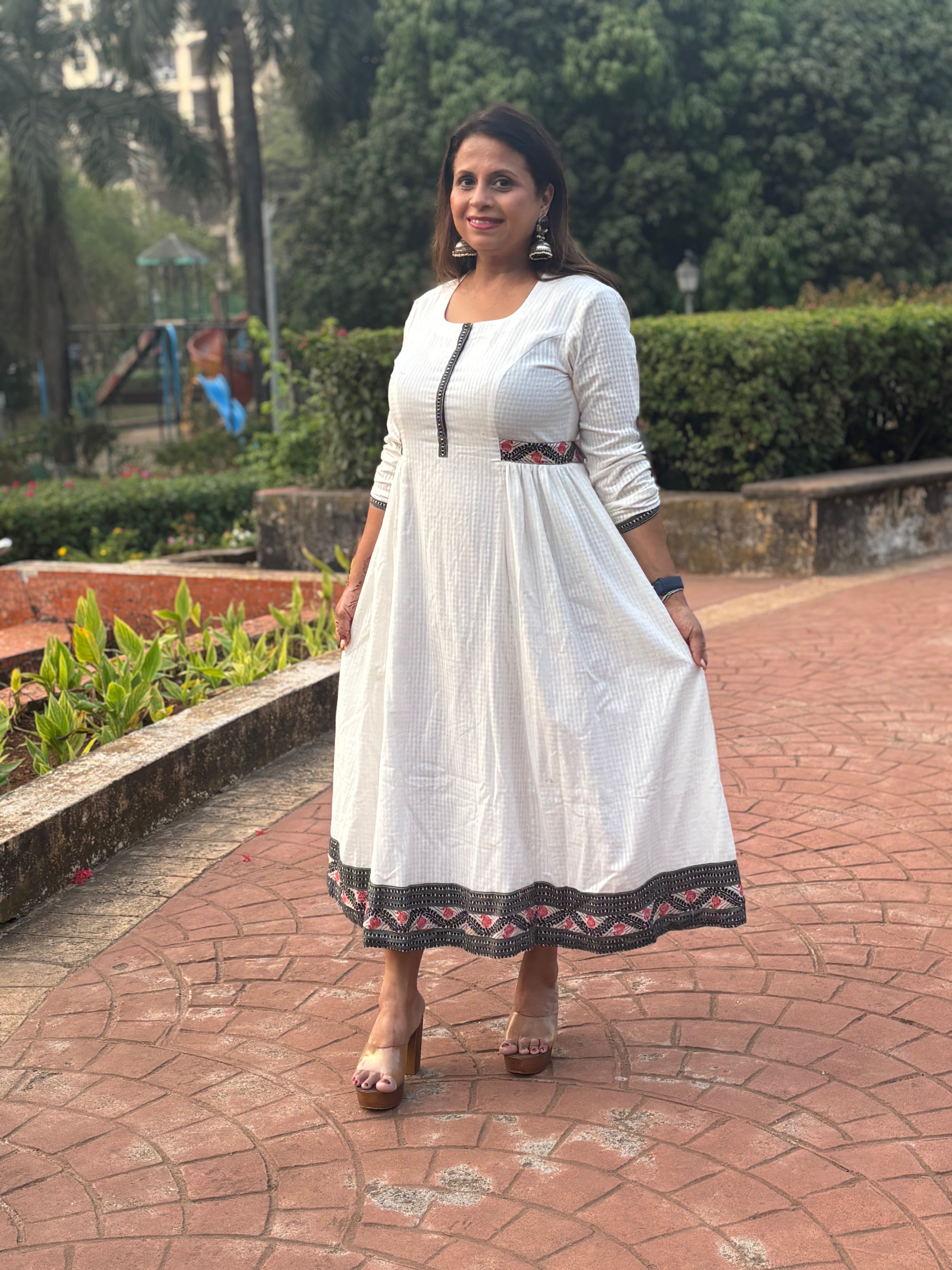 White Handloom Check Cotton Anarkali Dress