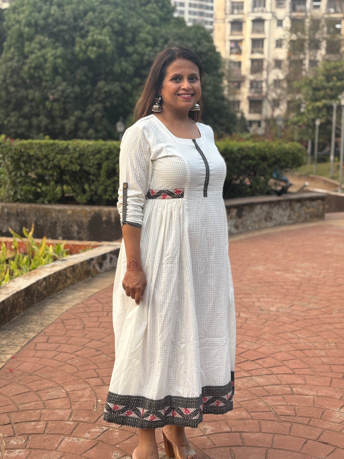 White Handloom Check Cotton Anarkali Dress