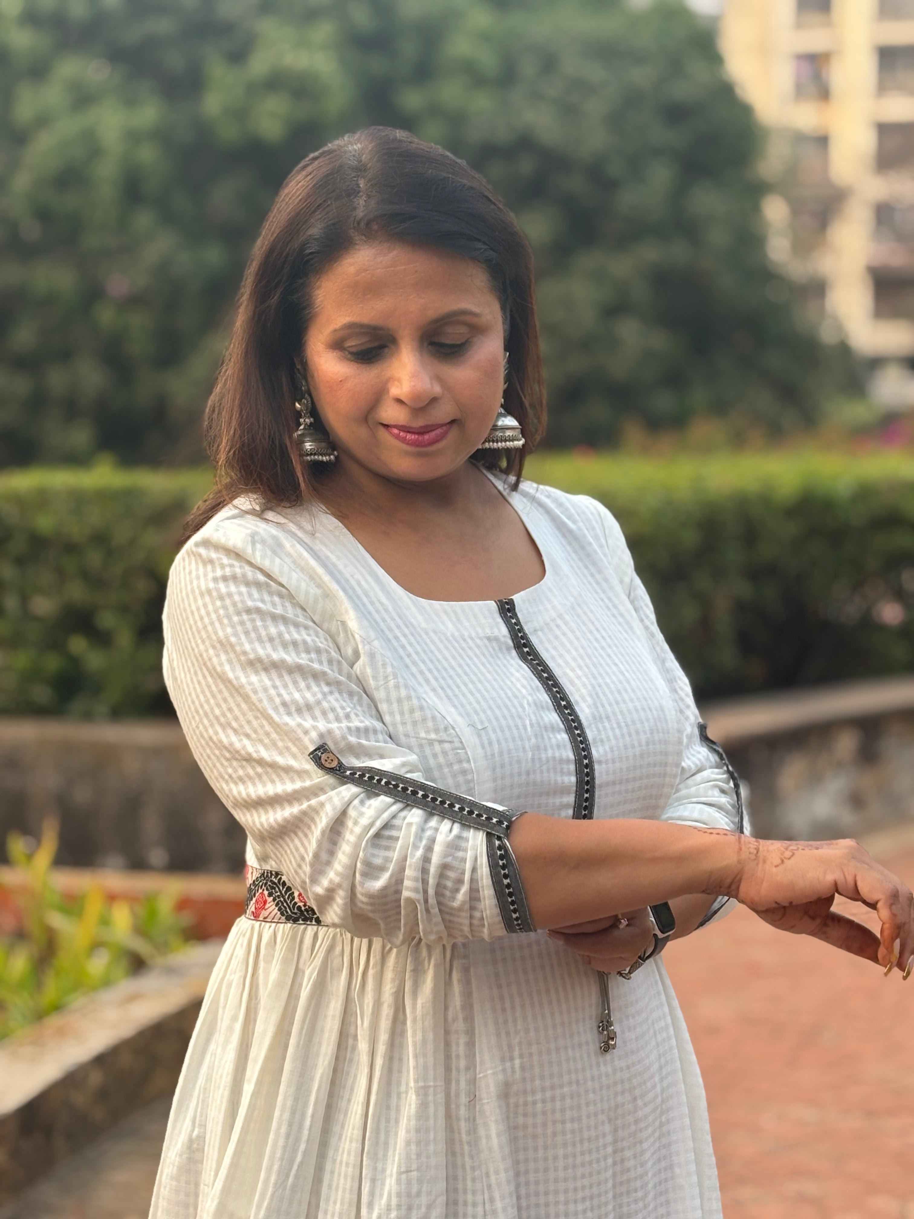 White Handloom Check Cotton Anarkali Dress