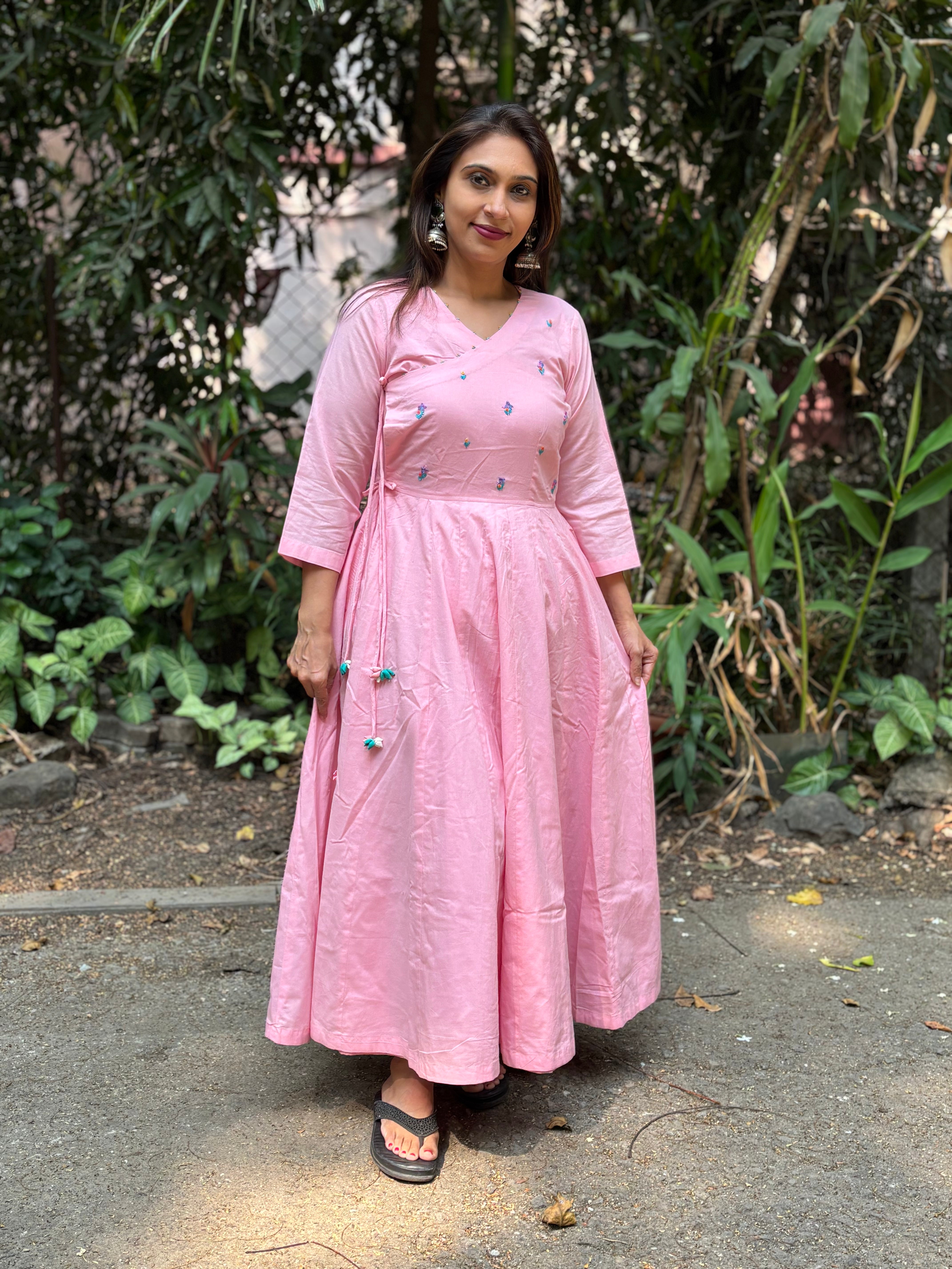 Blush Pink Hand-Embroidered Jaipur Cotton Angarkha Dress
