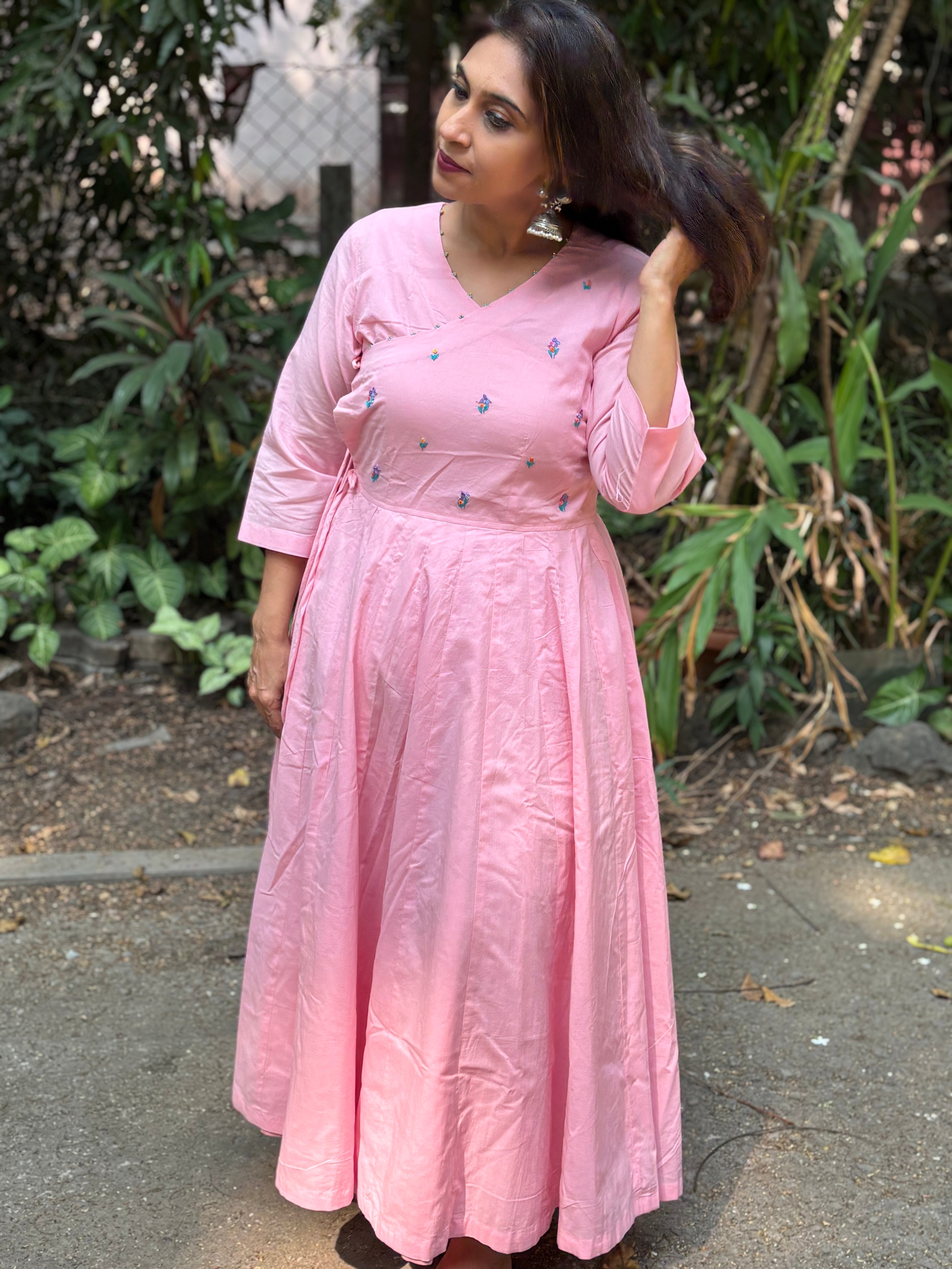 Blush Pink Hand-Embroidered Jaipur Cotton Angarkha Dress