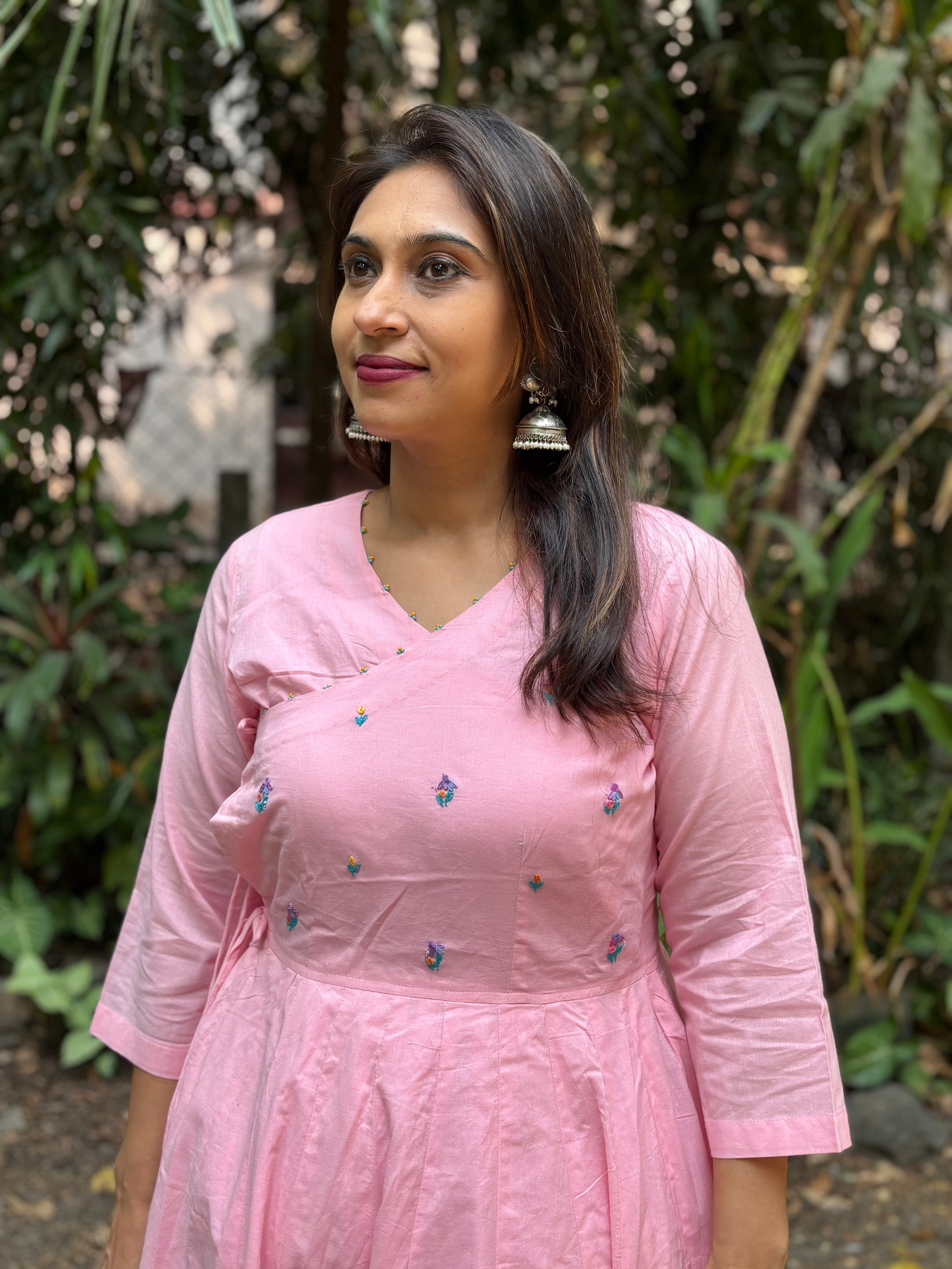 Blush Pink Hand-Embroidered Jaipur Cotton Angarkha Dress