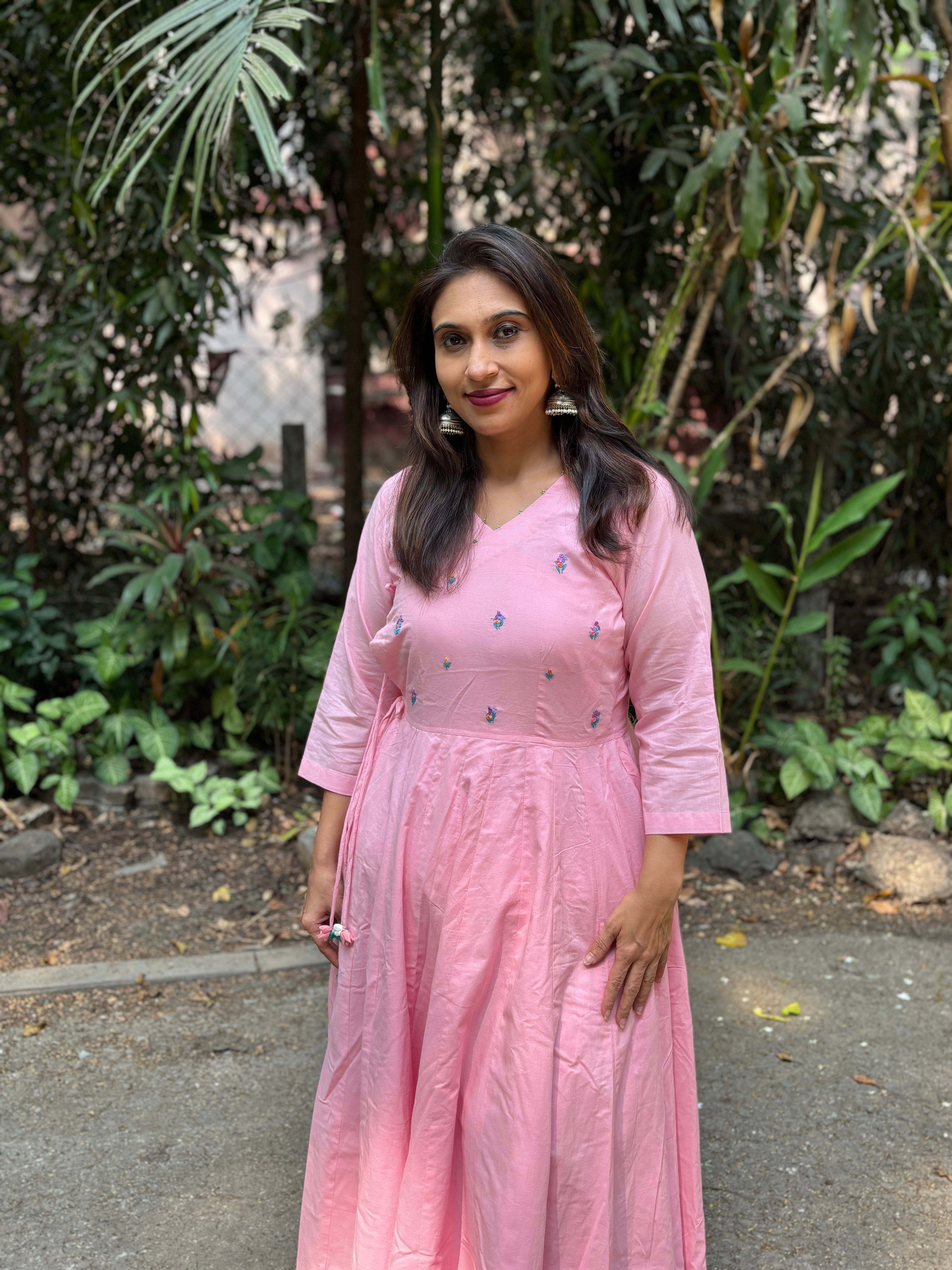 Blush Pink Hand-Embroidered Jaipur Cotton Angarkha Dress