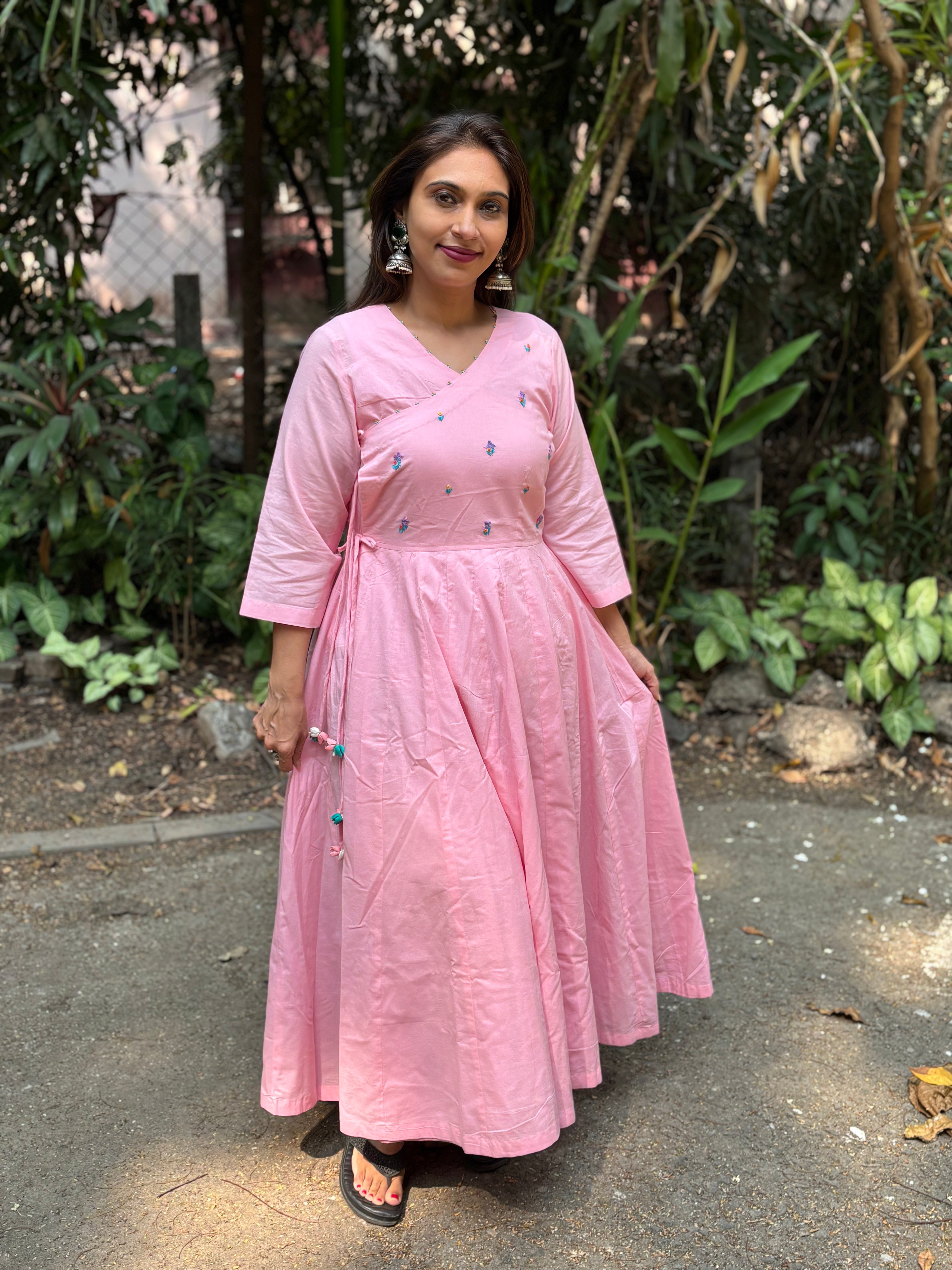 Blush Pink Hand-Embroidered Jaipur Cotton Angarkha Dress