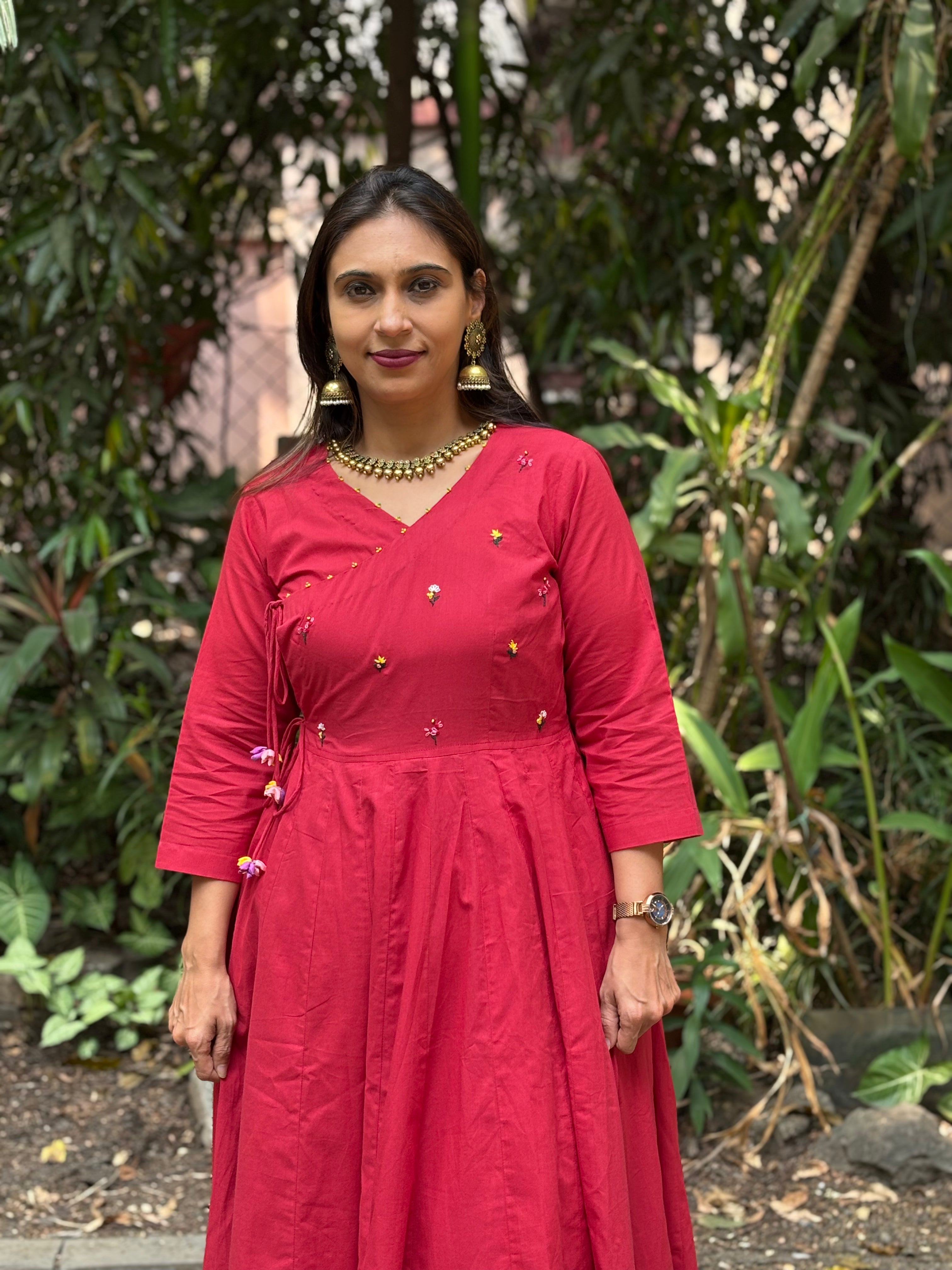 Red Hand-Embroidered Jaipur Cotton Angarkha Dress