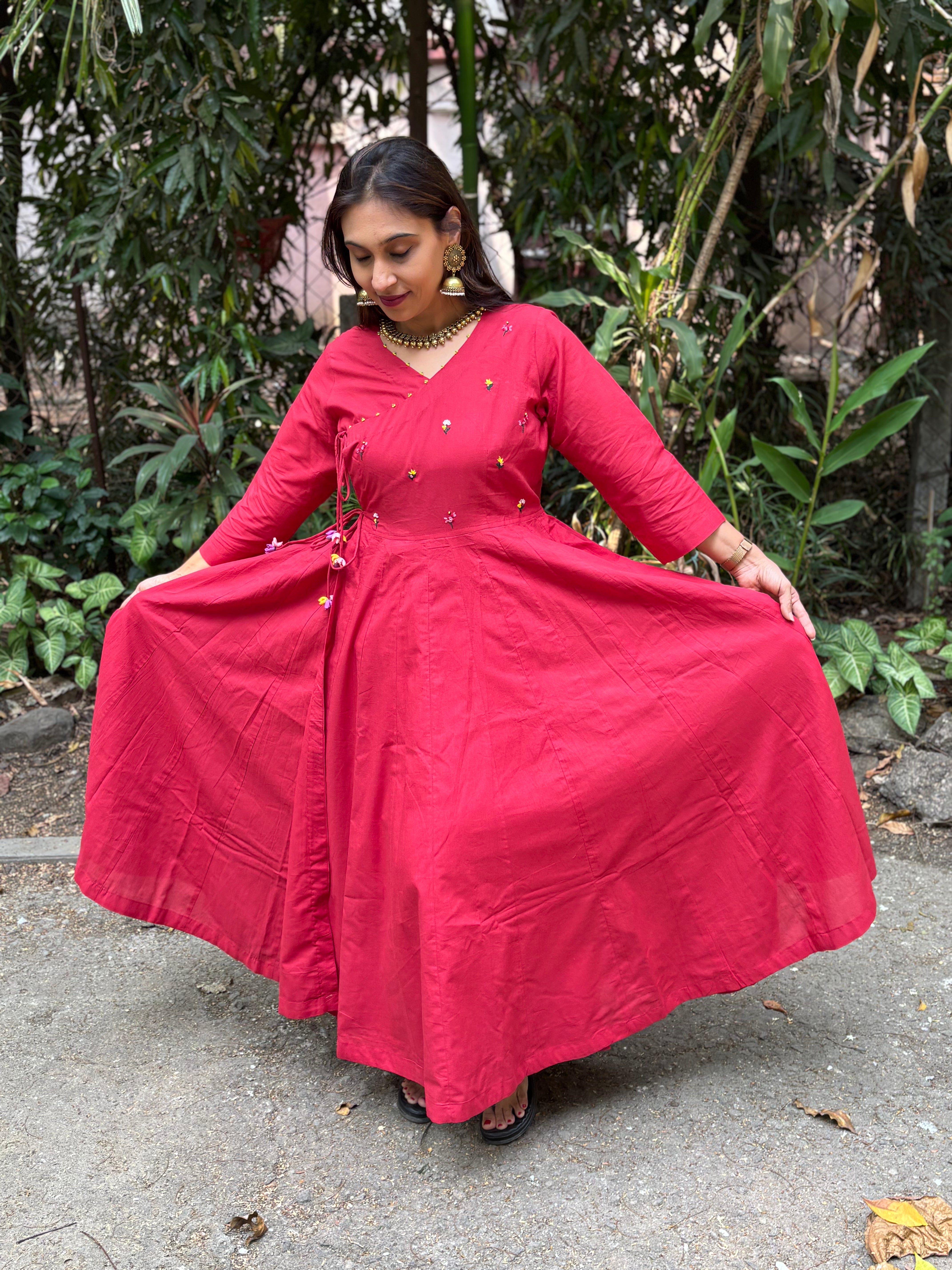 Red Hand-Embroidered Jaipur Cotton Angarkha Dress