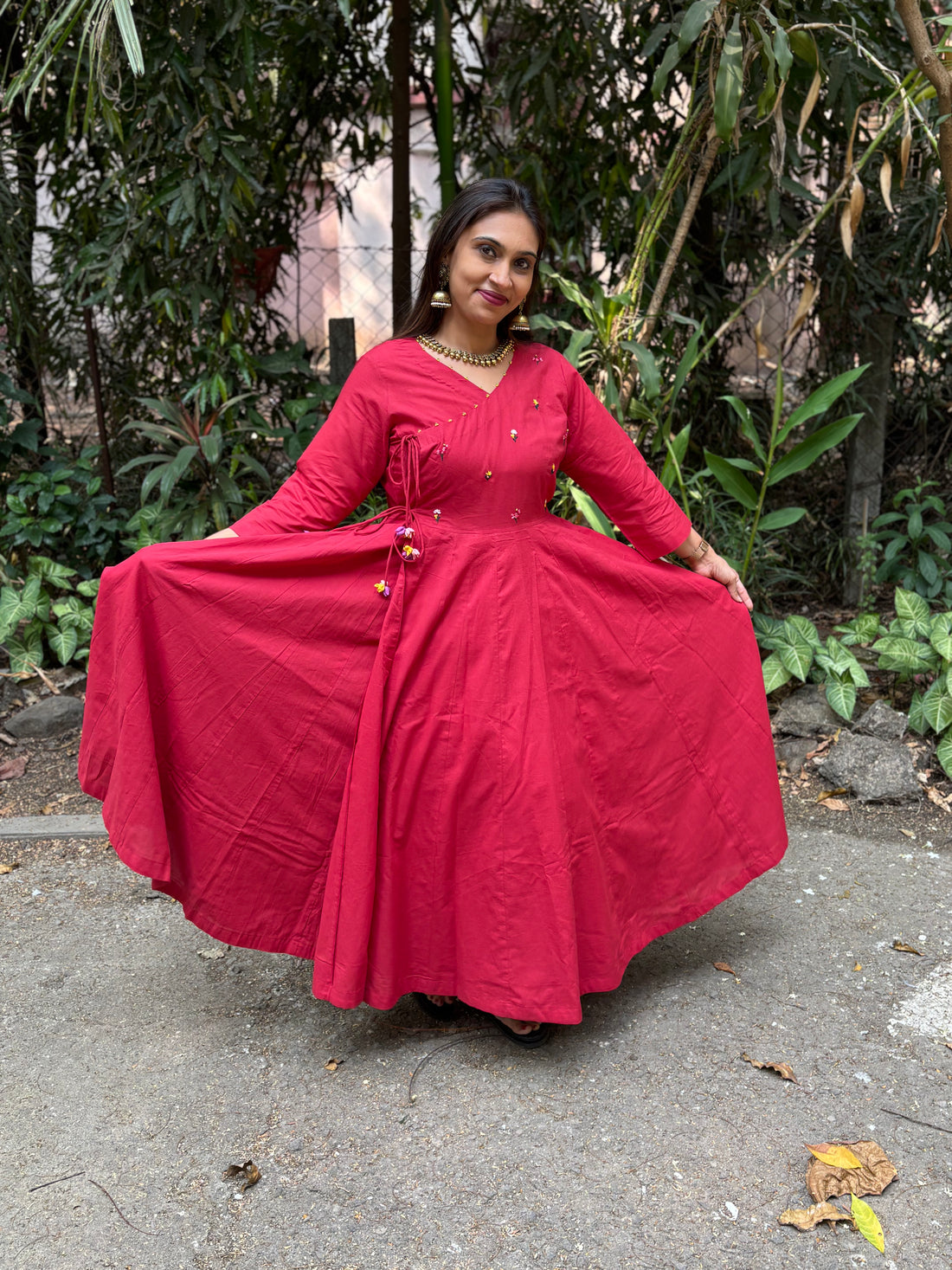 Red Hand-Embroidered Jaipur Cotton Angarkha Dress
