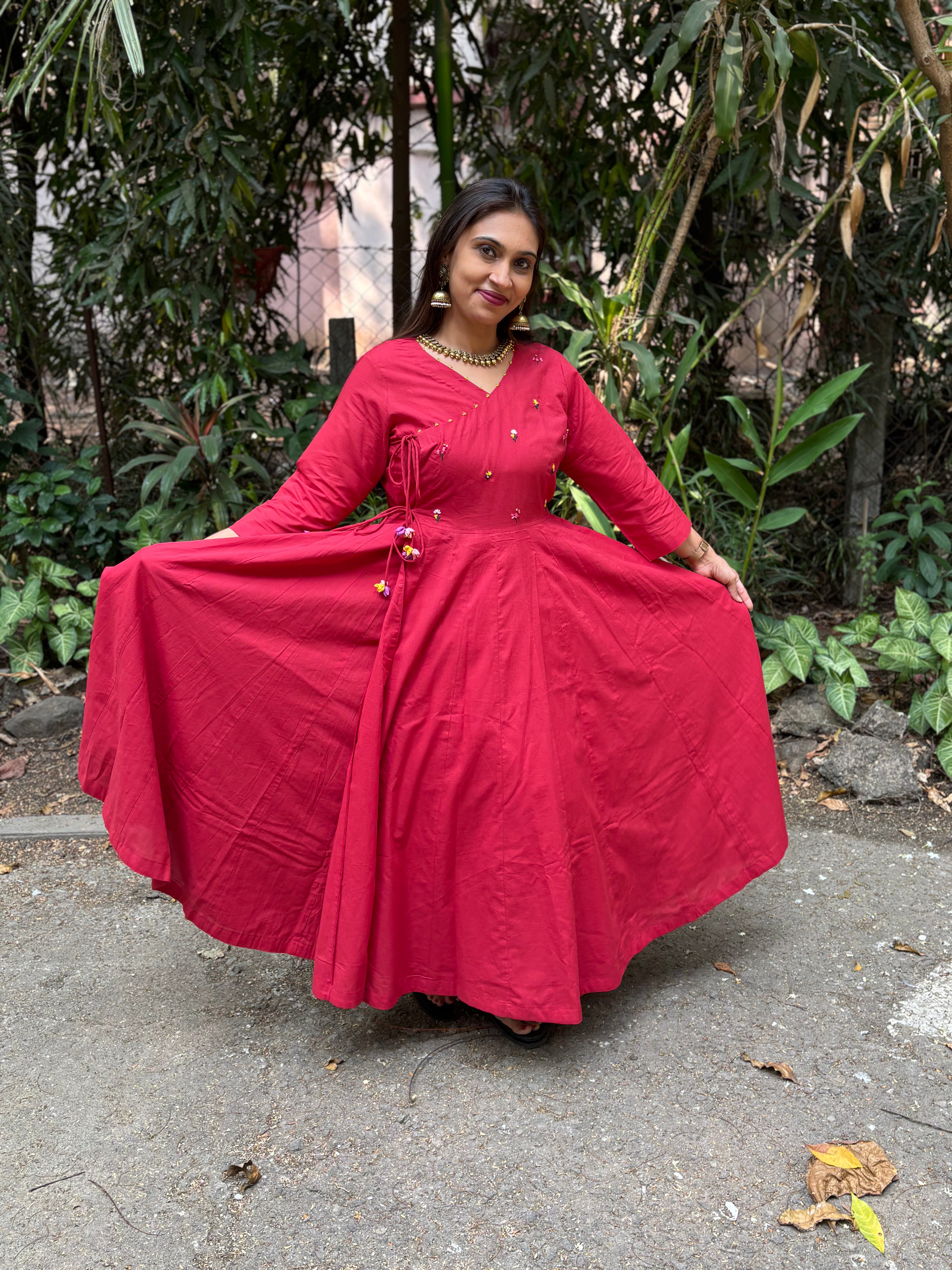 Red Hand-Embroidered Jaipur Cotton Angarkha Dress