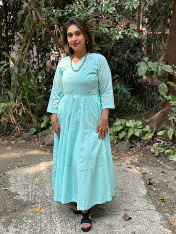Aqua Blue Hand-Embroidered Jaipur Cotton Angarkha Dress