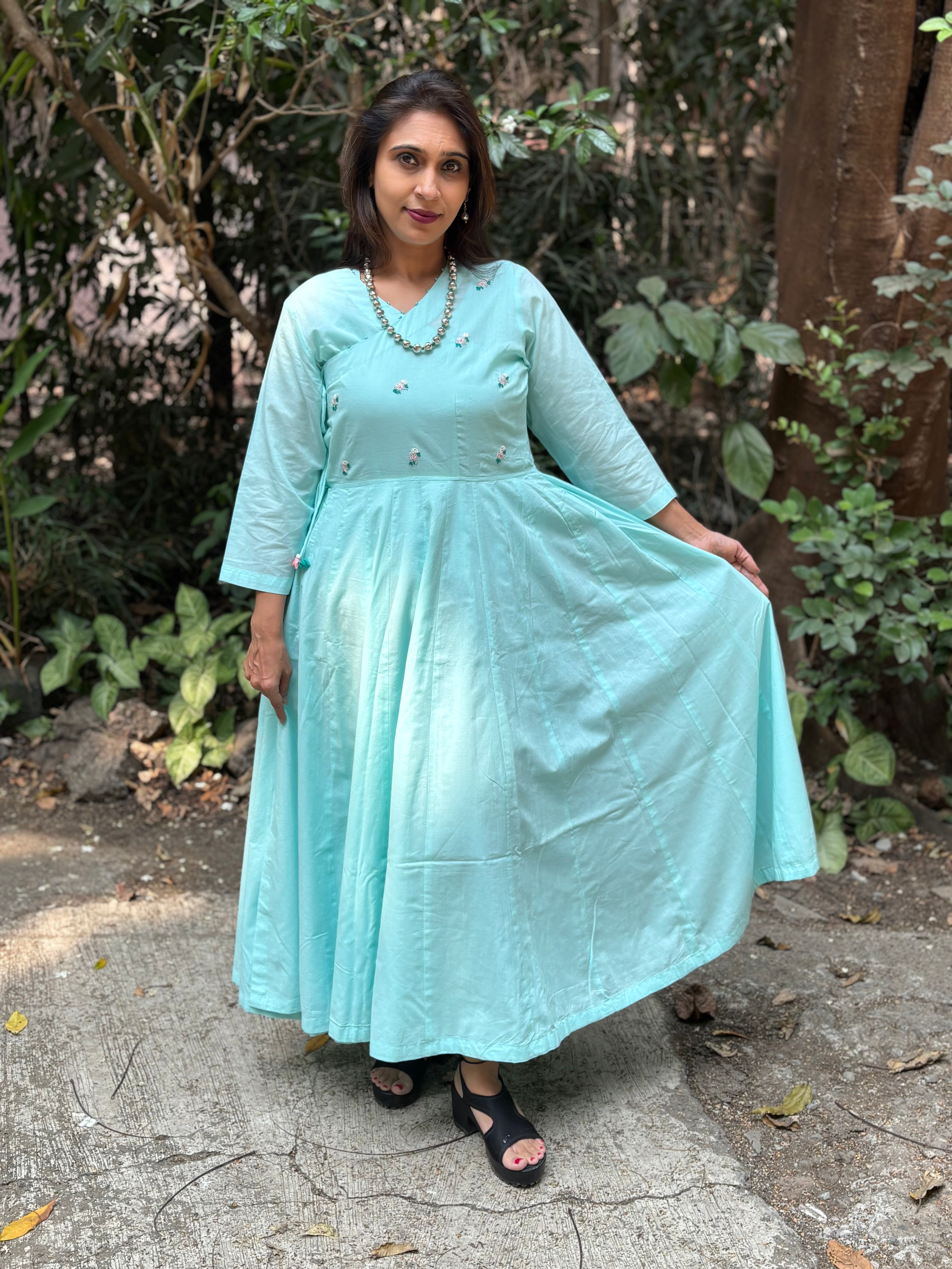 Aqua Blue Hand-Embroidered Jaipur Cotton Angarkha Dress