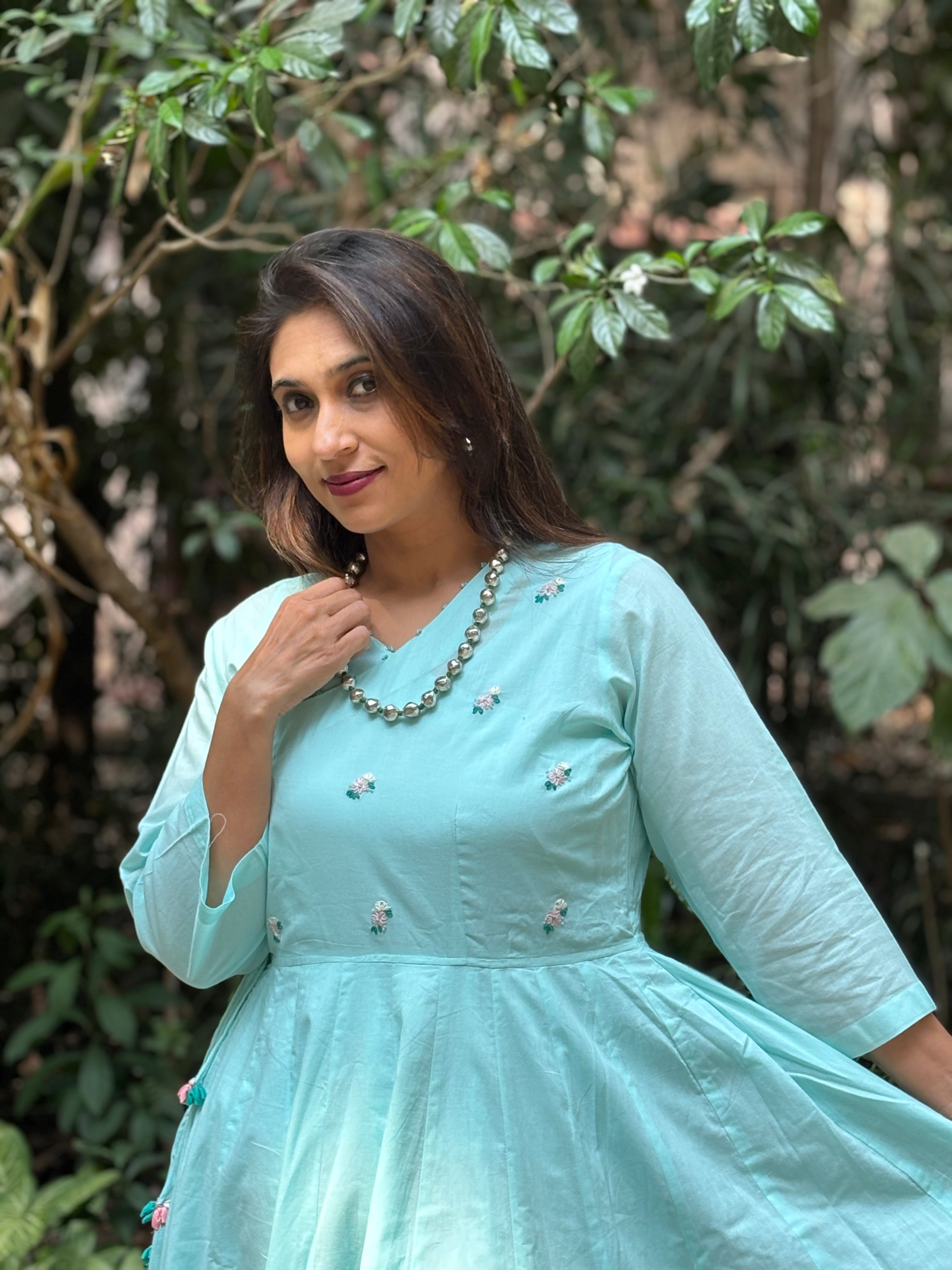 Aqua Blue Hand-Embroidered Jaipur Cotton Angarkha Dress