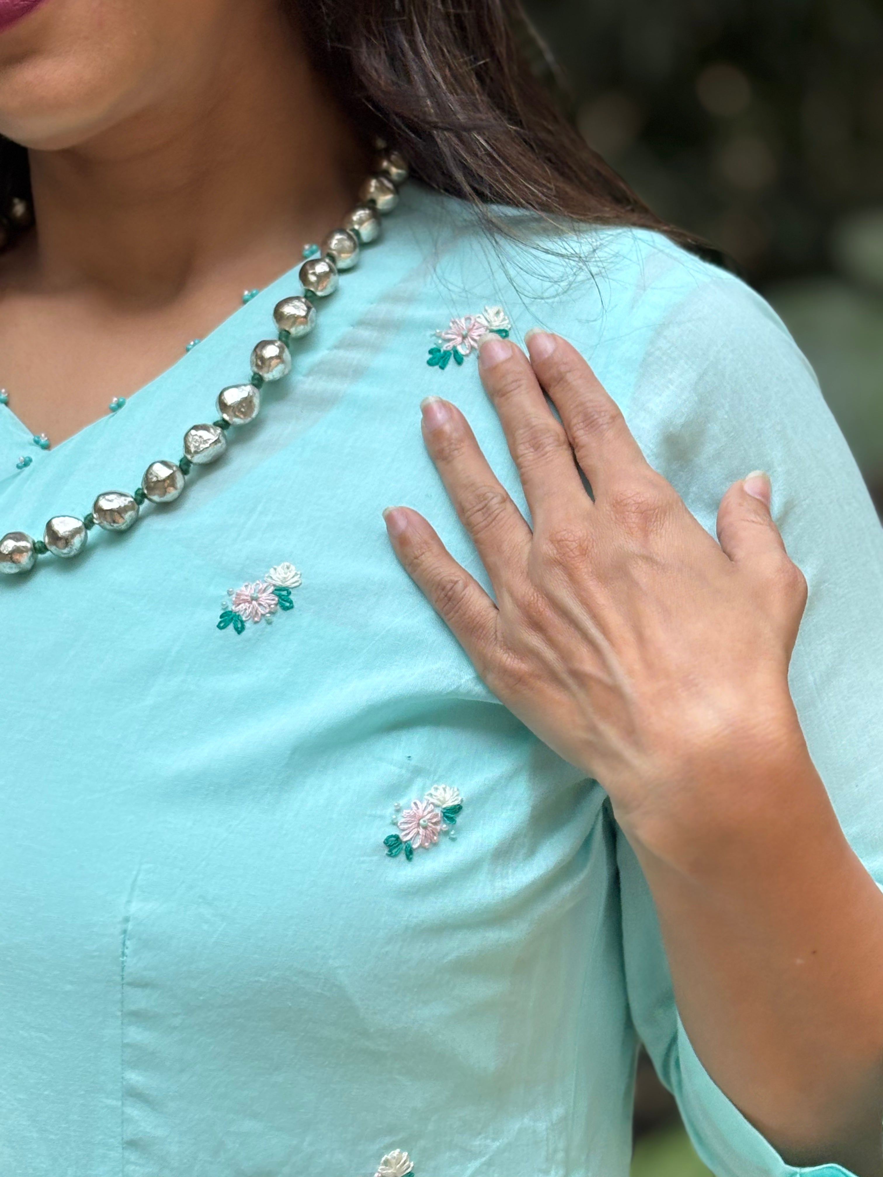 Aqua Blue Hand-Embroidered Jaipur Cotton Angarkha Dress