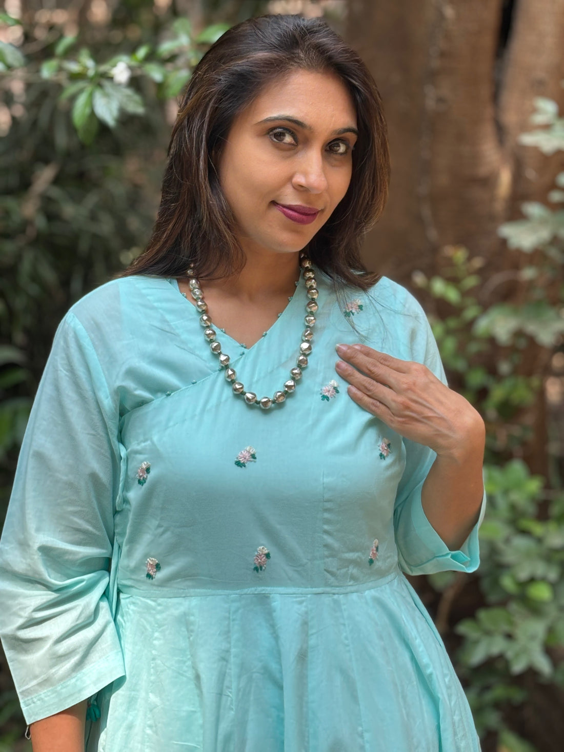 Aqua Blue Hand-Embroidered Jaipur Cotton Angarkha Dress
